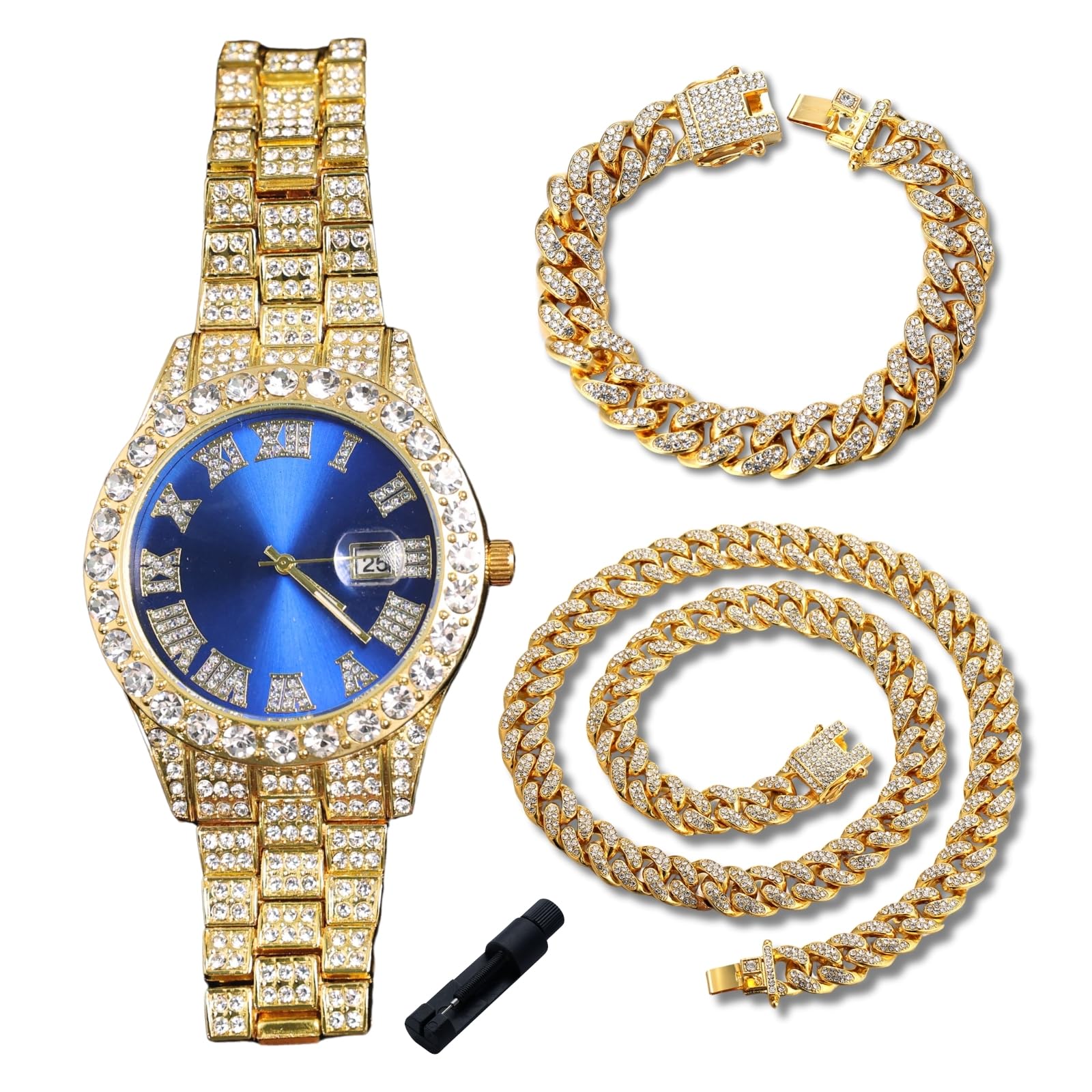 Diamantuhr für Teenager Jungen – 42mm Römische Ziffern Rundes Zifferblatt in 3 Farben – 18K Echtgold/Platin Plattiert 20cm Armband – Inkl. Einstellwerkzeug, Kombinierbar mit Cuban-Kette