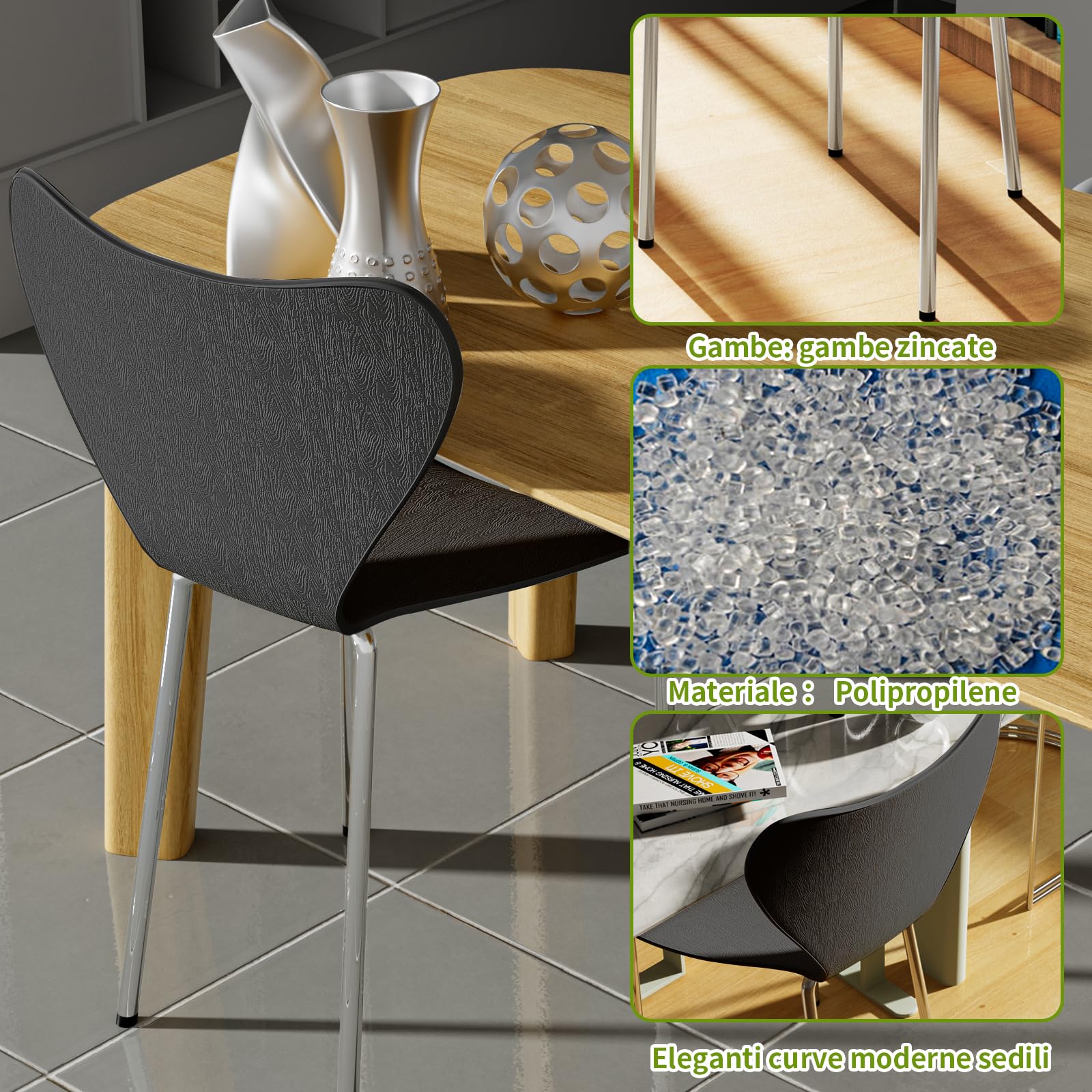 PIPIPOXER Set di 4 Sedie per Sala, sedie plastica, Sedie Cucina in Polipropilene e Robuste Gambe in Metallo, per Sala da Pranzo, Soggiorno, Cucina, Giardino,Nero