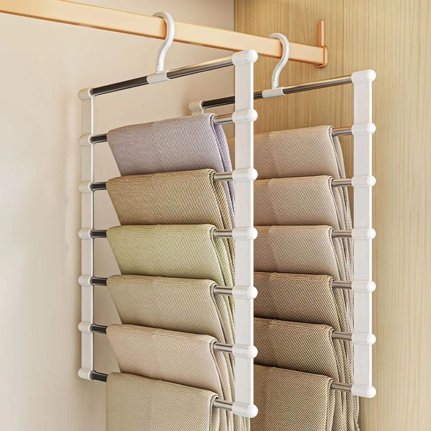 Space-Saving Stainless Steel Pants Hanger 6 in 1 - Foldable Multi-Layer Closet Organizer for Jeans, Trousers & Leggings | Heavy-Duty Non-Slip Pants Rack