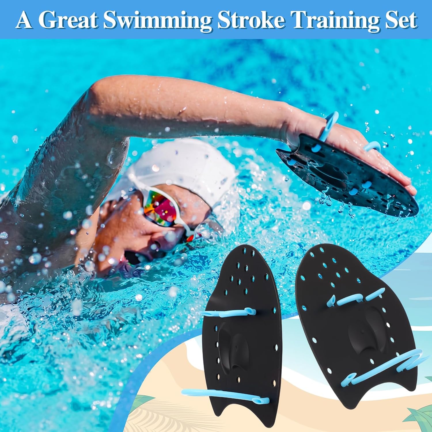 Swim Pool Training Kit, A-Shape Kickboard, Adjustable Swim Paddles, Nose Clip & Earplugs with Mesh Carry Bag Complete Training Set for Stroke Improvement, Lap Swimming, Fitness