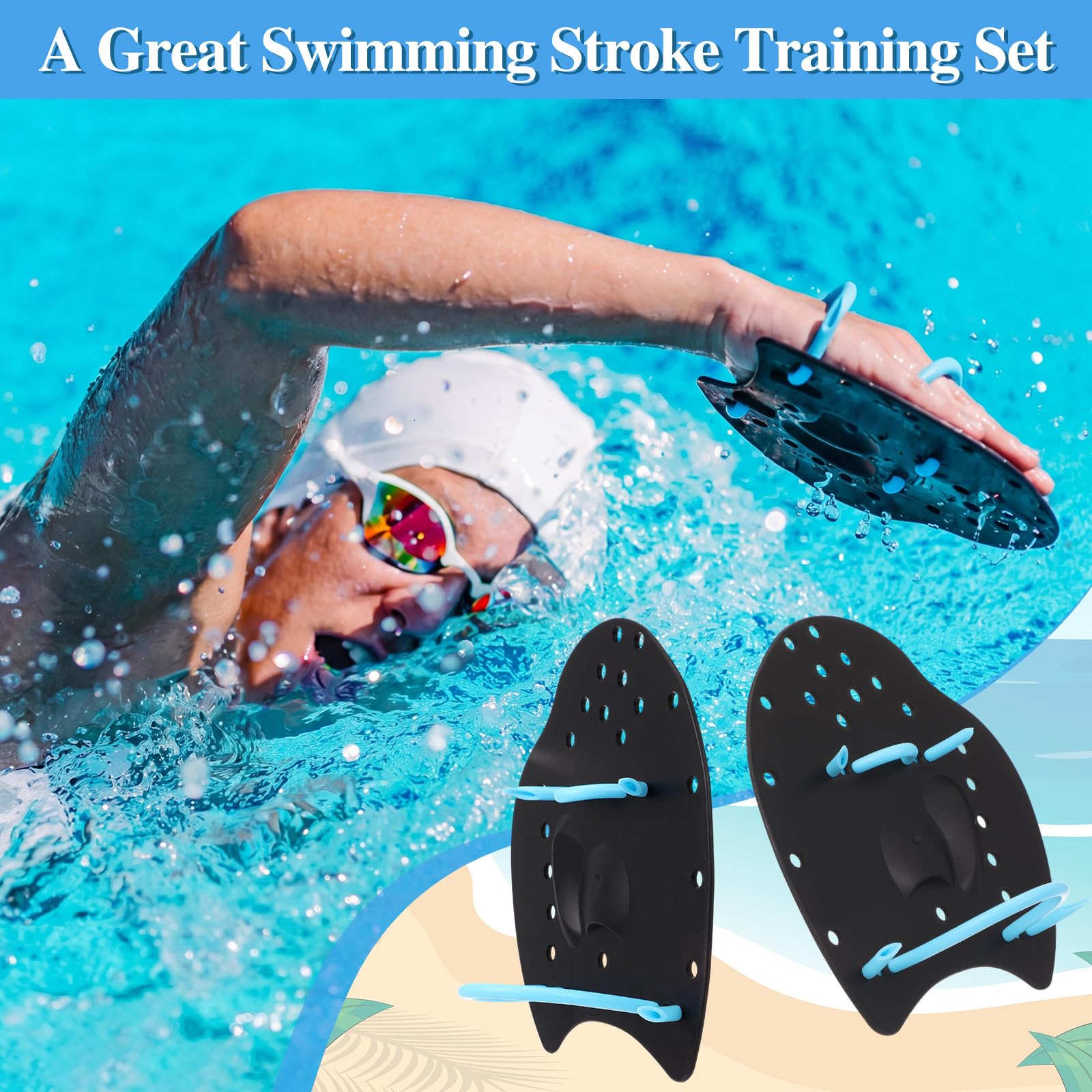 Schwimmbad-Trainingsset, A-Form Kickboard, verstellbare Schwimmpaddel, Nasenklammer & Ohrstöpsel mit Netz-Tragetasche, komplettes Trainingsset für Schlagverbesserung, Rundenschwimmen, Fitness