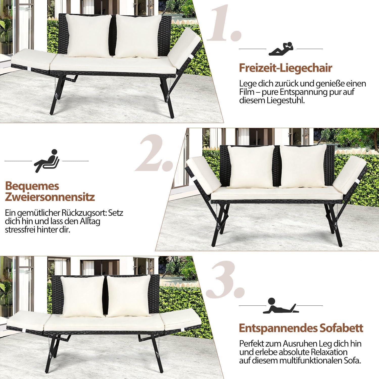 Panchina da giardino in polyrattan 3 in 1 con funzione sdraio, divano da giardino a 2 posti, braccioli pieghevoli (bulloni), mobili da salotto per esterni, con imbottitura spessa e cuscino