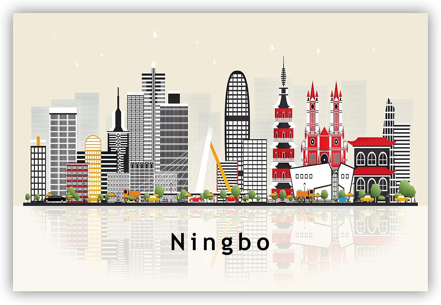 Pera Print Ningbo Poster, China Illustration Skyline City Poster, Modern Skyline Ningbo Poster, Cityscape and Landmark Print, Home-Office Wall Art Decoration - 12x18 Inches