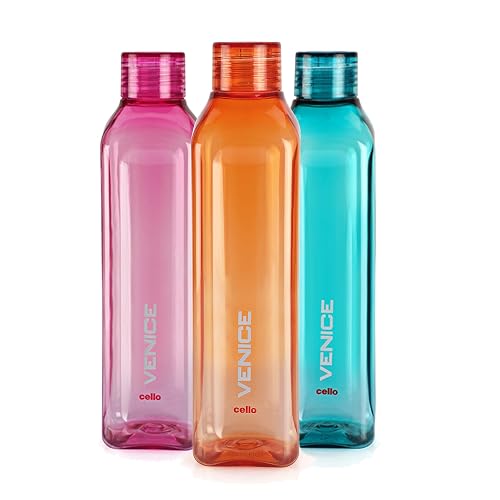 CELLO Venice Water Bottles Set of 3 Pcs For Daily Use, 1000ml Each Multicolor | Stylish & Unbreakable BPA-Free Leakproof Freezer & Fridge Safe Pet Water Bottle For School, Office, Kitchen & Travel