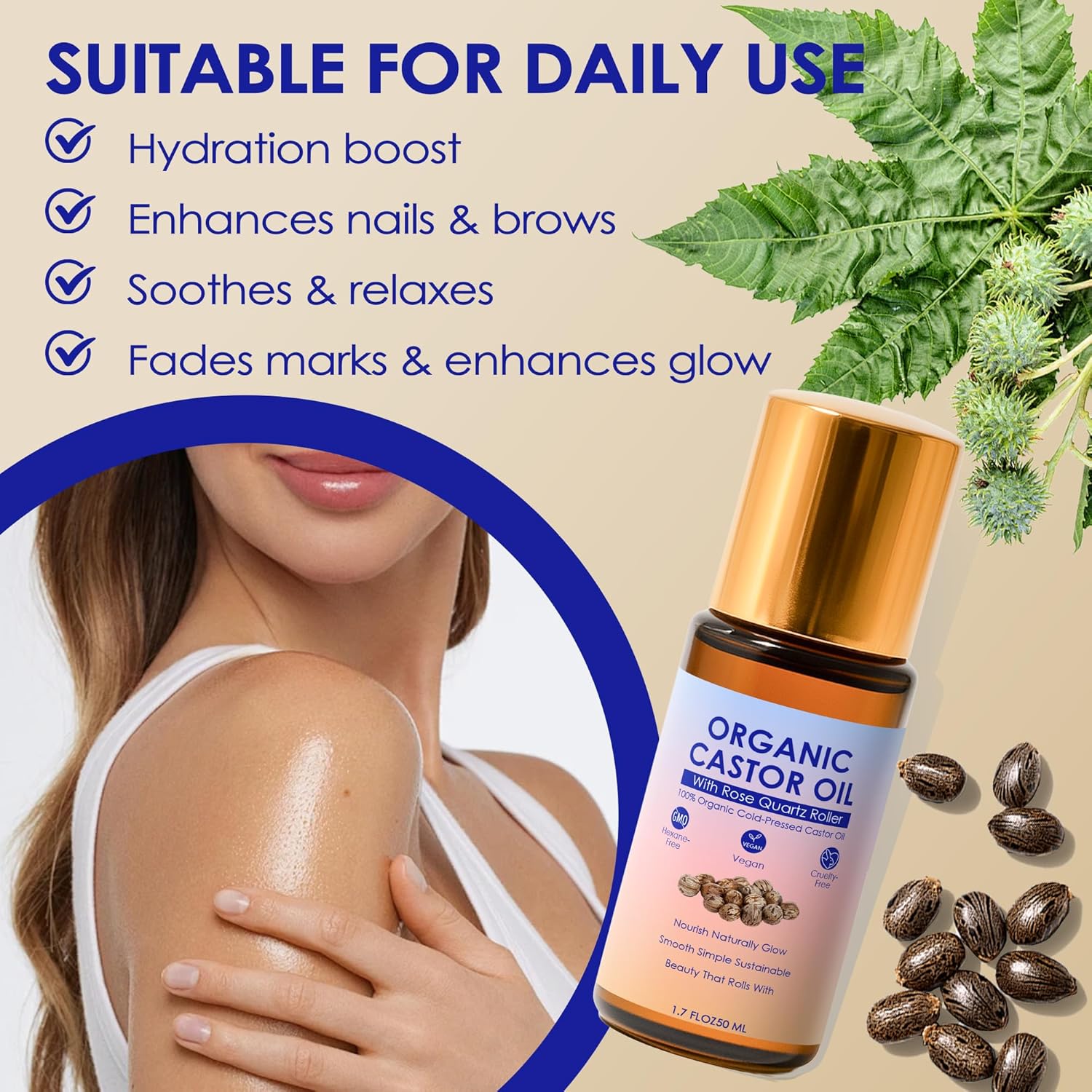 Organic Castor Oil with Rose Quartz Roller, 100% Pure Cold-Pressed & Unrefined - For Hair Growth, Eyelashes, Eyebrows & Skin (1)