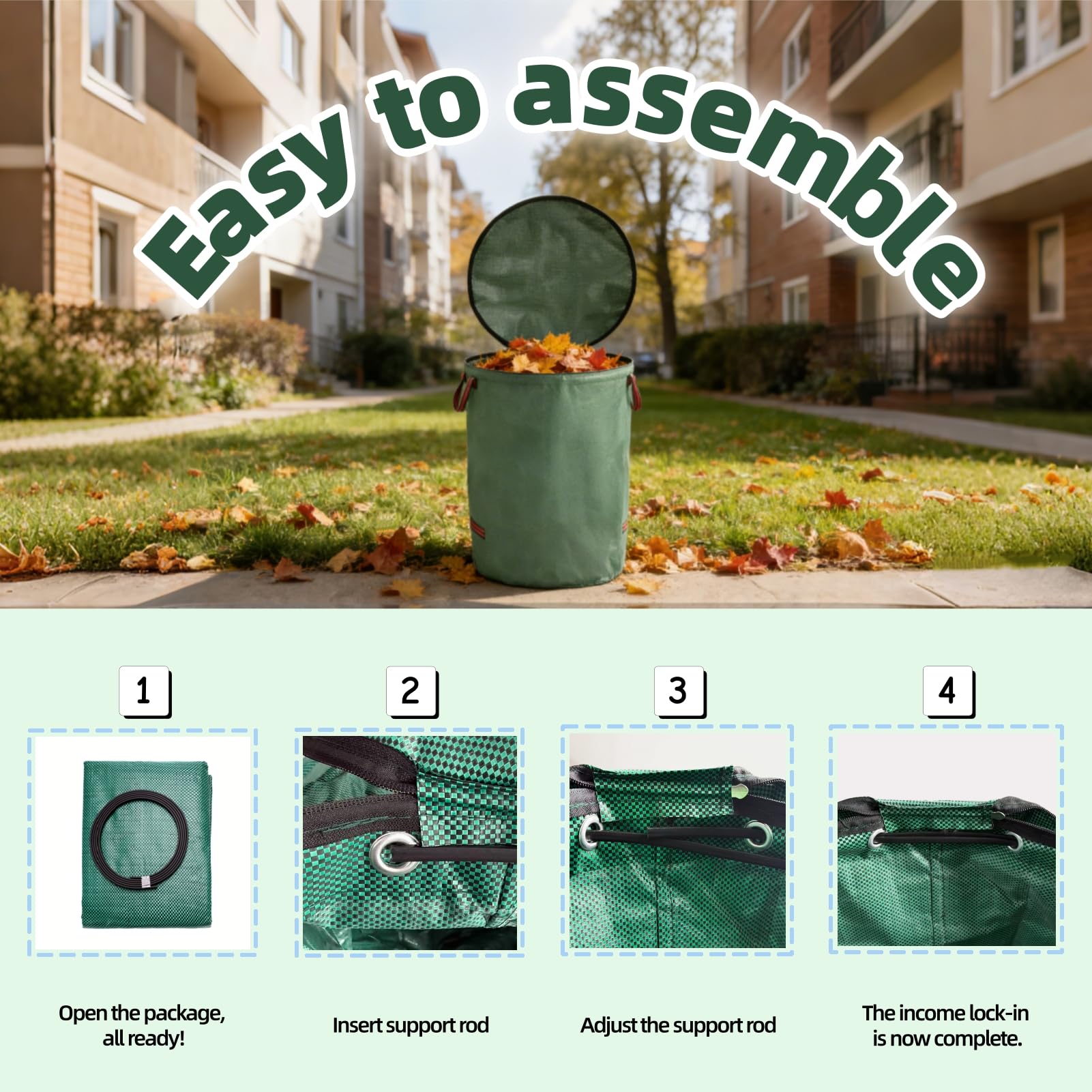 Wiederverwendbare Gartenabfallsäcke mit Deckel, robuste Rasen- und Laubsäcke mit Gartenhandschuhen, wasserabweisend, selbststehend, faltbar, Gartenabfallbehälter für Schmutz und Gras, 4 Stück