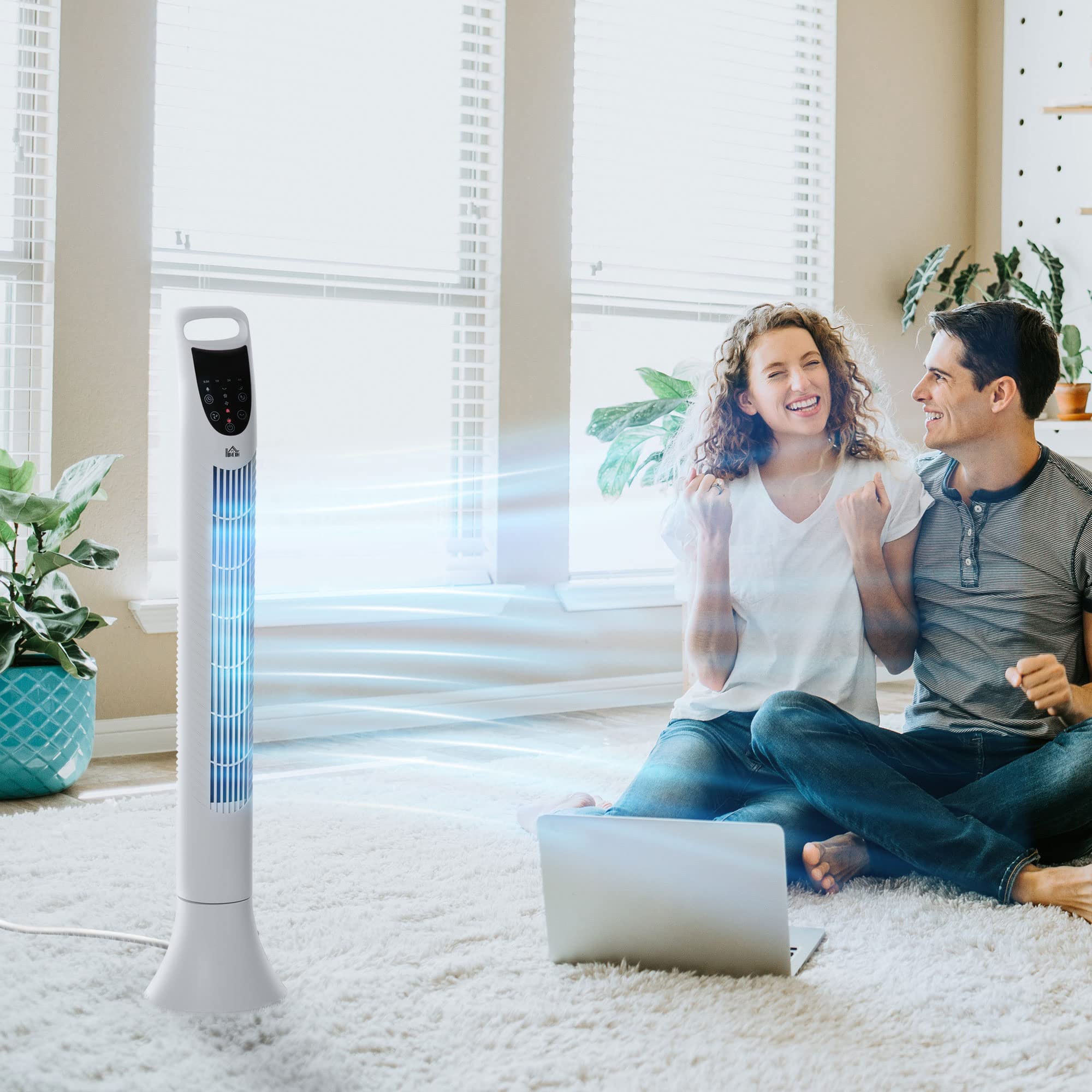 HOMCOM Ventilateur Colonne Silencieux 40W 3 Vitesses 3 Modes 91,5cm Blanc | Minuterie, Télécommande, Oscillant À 70°, Panneau Contrôle Tactile, Ventilateur Sur Pied, Chambre