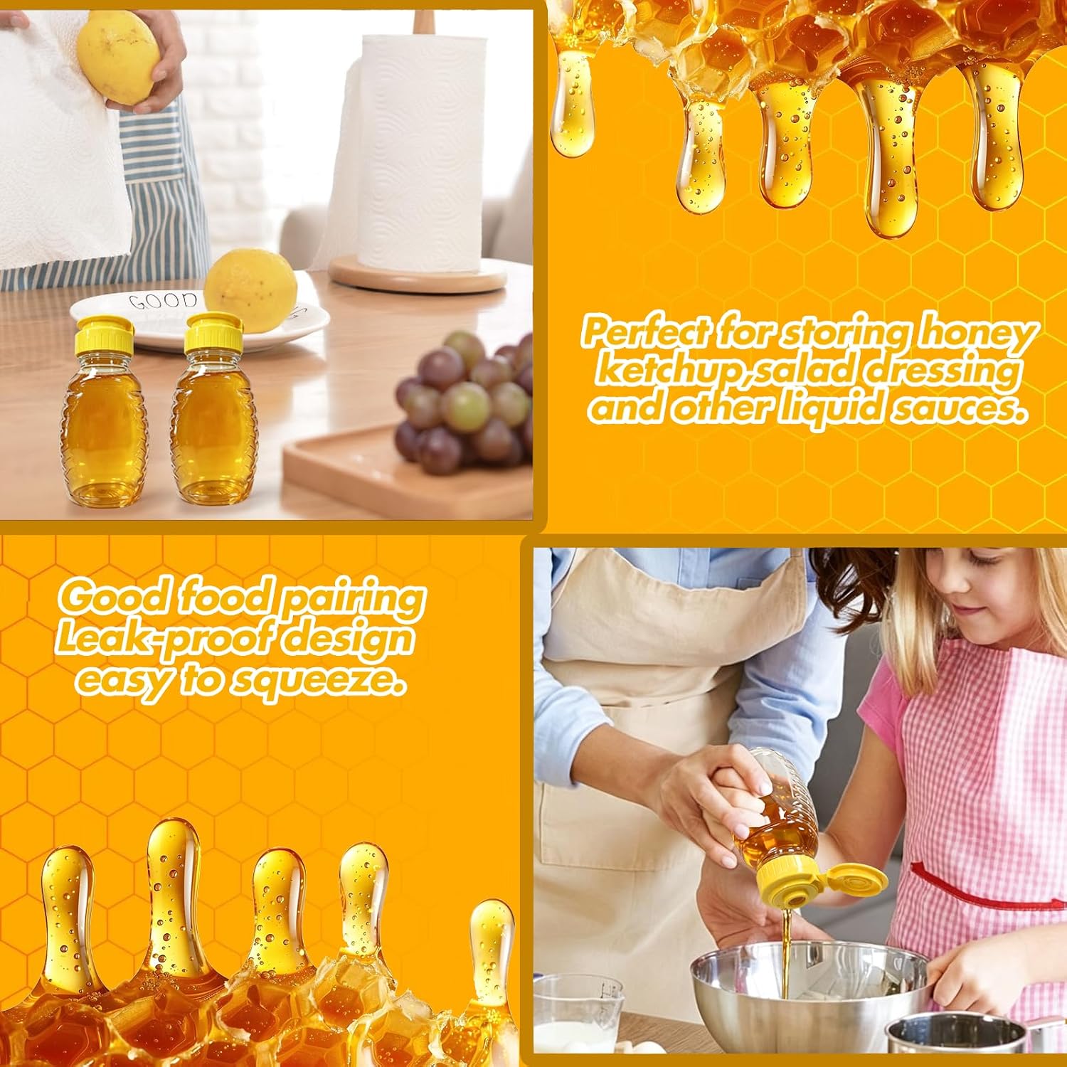 32 Pcs 8.8 oz Clear Plastic Honey Bottles, Empty Refillable Squeeze Containers with Yellow Flip Top Cap, Leakproof Honey Jars for Storing Honey