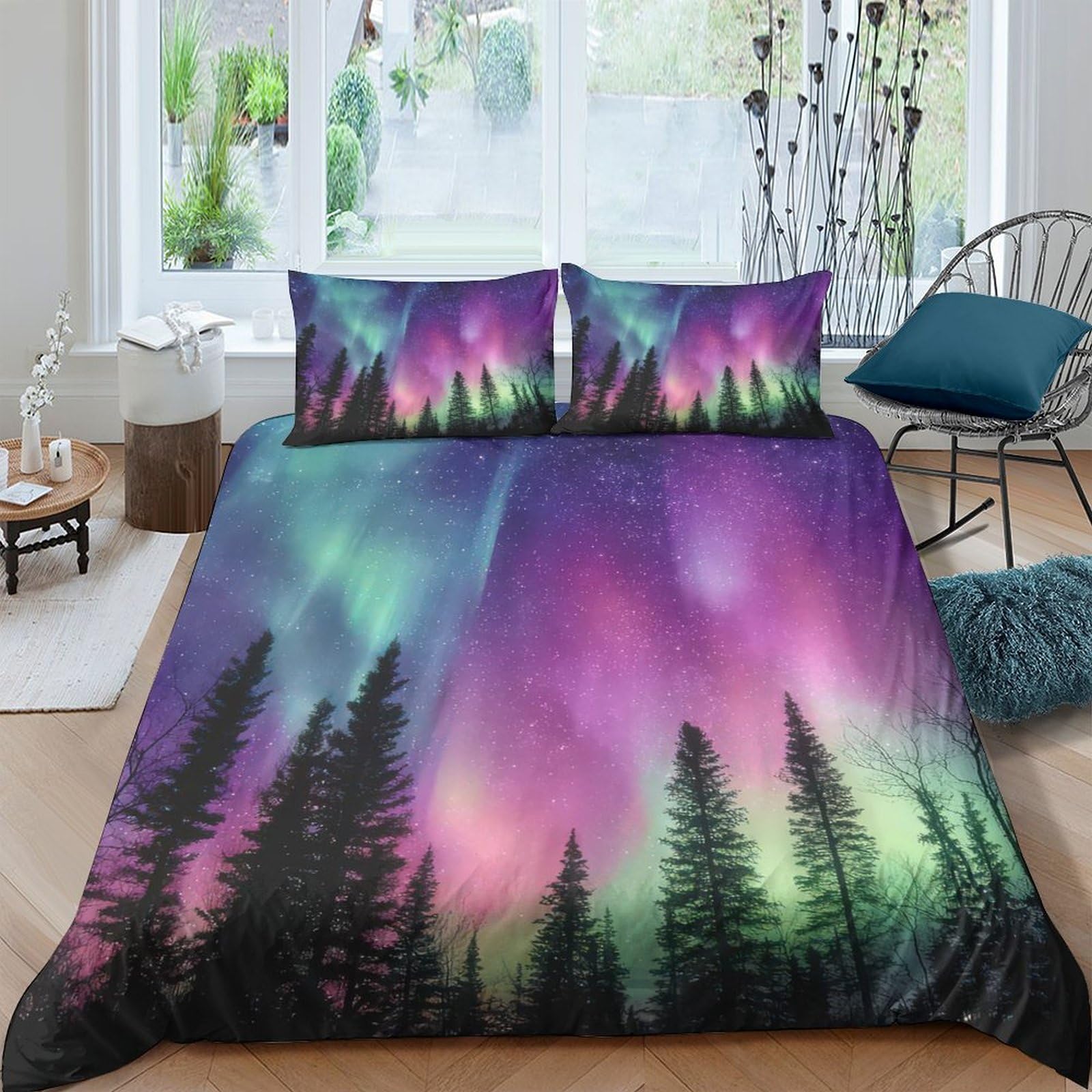 Ctjqhvkz Style-4 3D Printed Northern Lights Fitted Sheet Microfiber Soft Breathable Aurora Forest Bed Cover For Bedroom Dorm Mattress Decor Single（135X200cm）