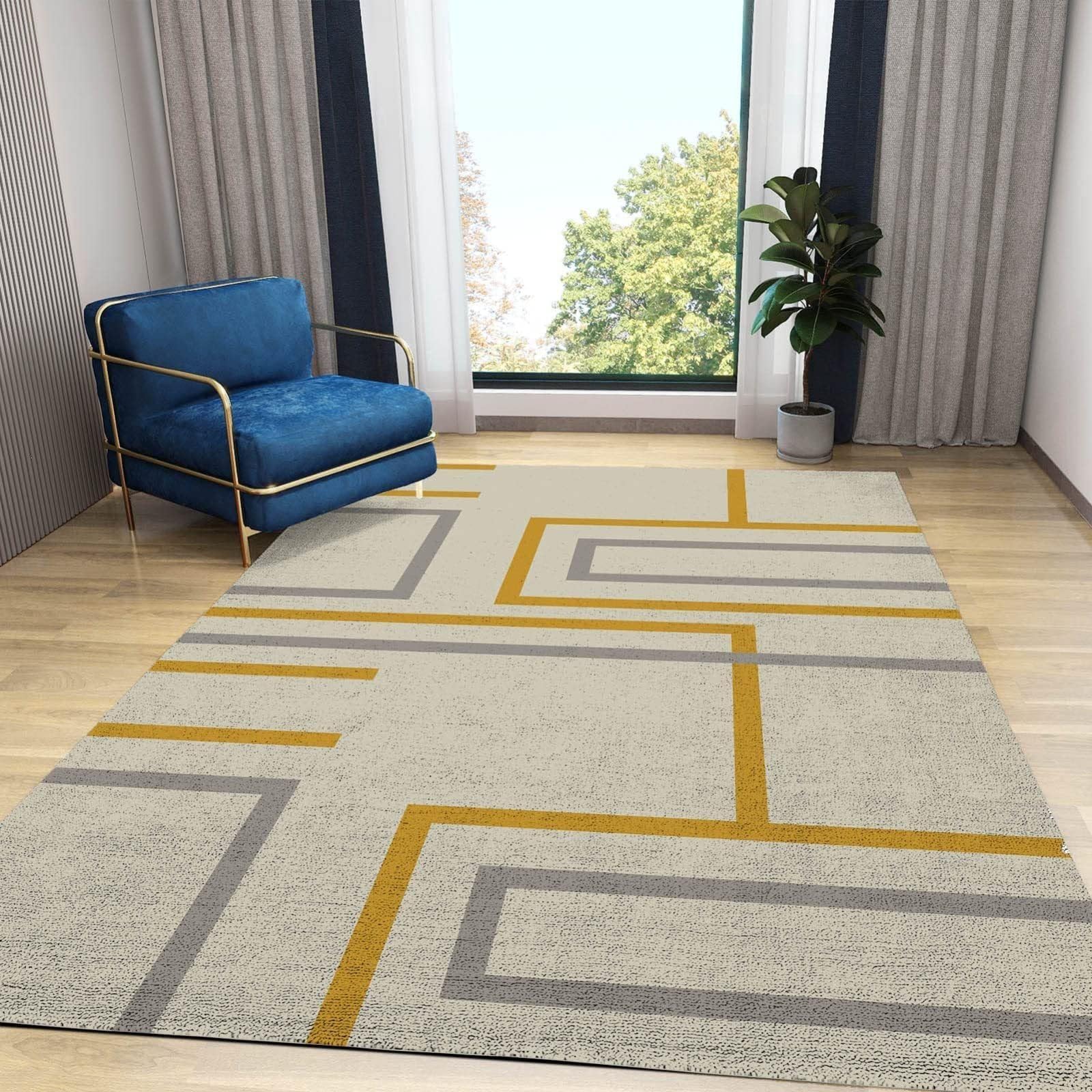 Modern Minimalist Geometry Area Rug, Gray Yellow Lines Indoor Non Slip Washable Rugs, Breathable Durable Carpet for Living Room Bedroom Kitchen Dining Room Home Office - 2 ft x 6 ft