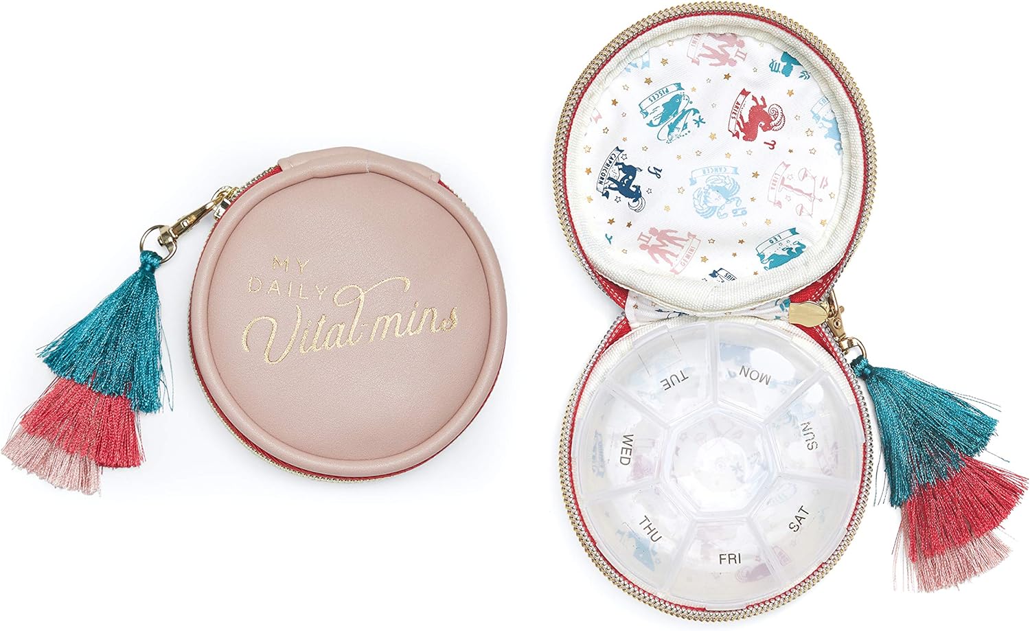 DesignWorks Ink Weekly Pill Organizer in Vegan Leather Travel Case with Sentiment and Secure Zipper Closure with Colorful Tassel, My Daily Vital-Mins – Perfect Cute Organizer for Medicine and Vitamins DesignWorks Ink Weekly Pill Organizer in Vegan Leather Travel Case with Sentiment and Secure Zipper Closure with Colorful Tassel, My Daily Vital-Mins – Perfect Cute Organizer for Medicine and Vitamins