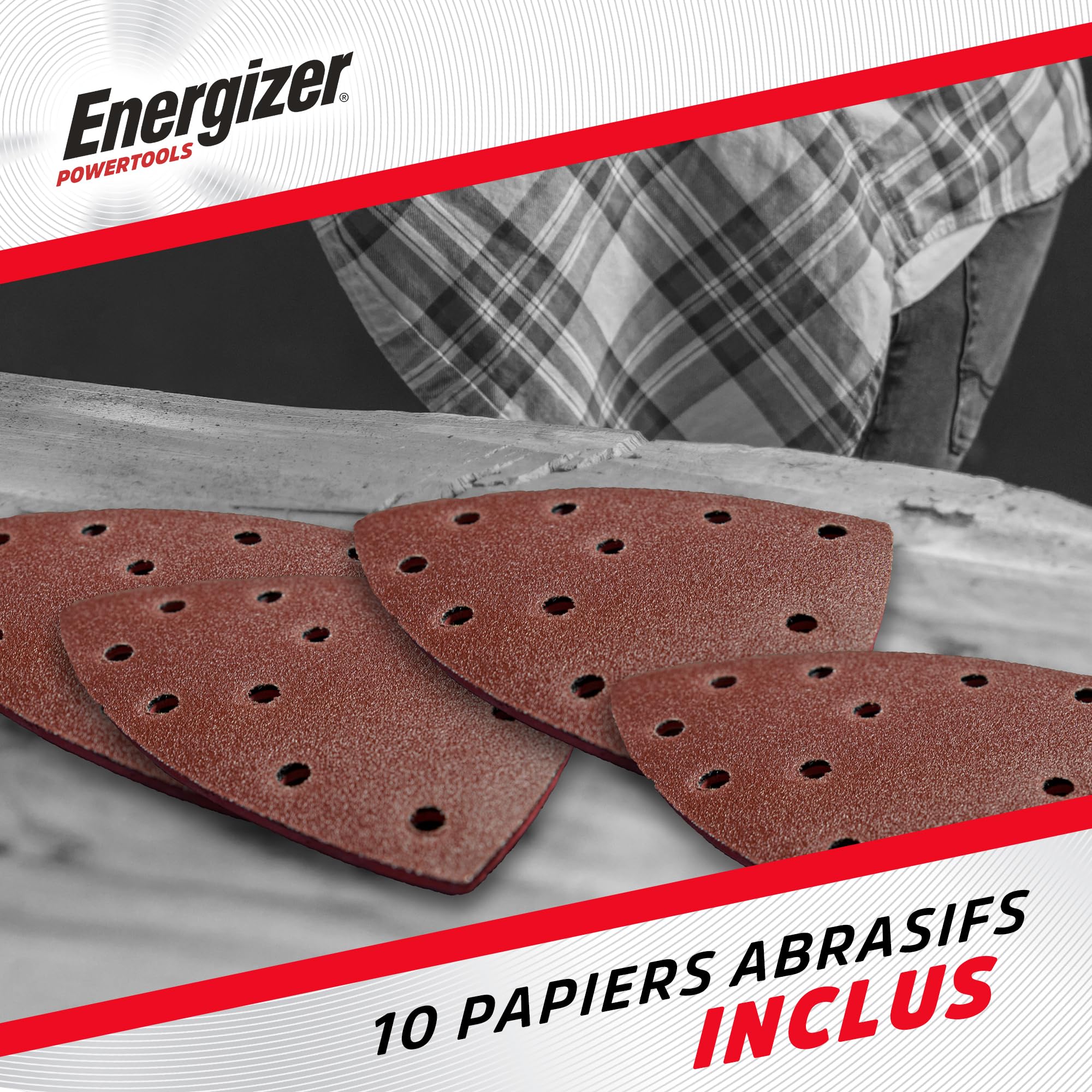Energizer - Levigatrice Orbitale Multifunzione Triangolare Senza Fili 20V con Batterie Incluse – 10000 OPM, Sacchetto Aspirapolvere, 10 Fogli Abrasivi Inclusi (P60/80/120), Ideale per Finiture e Fa