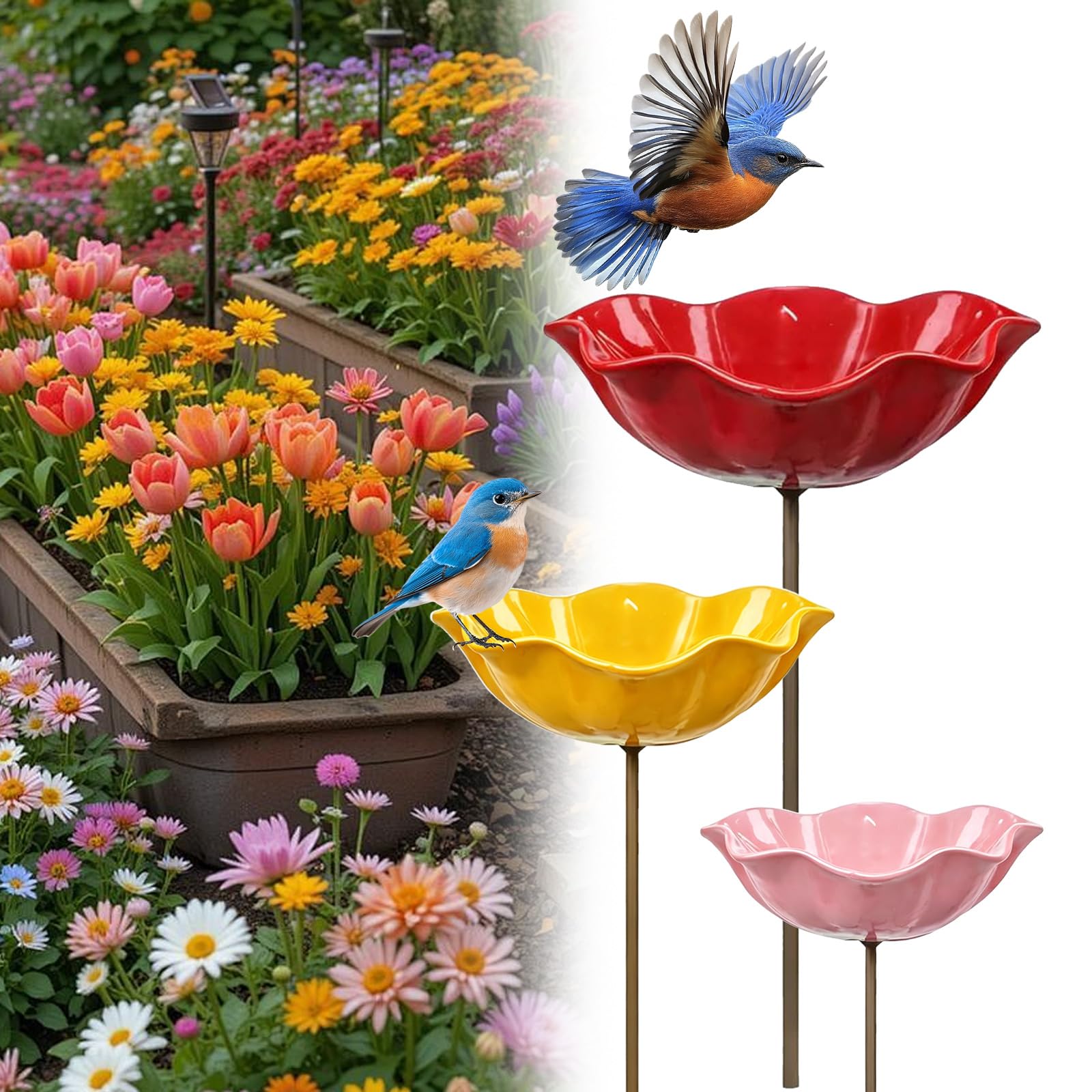 Metal Bird Bath & Bird Feeder Set for Garden,Hummingbird Feeder & Wild Birds Feeding Station,Bee Watering Stake Station,Butterfly Bee Bath Bowl for Outdoor Yard Decor (Red + Yellow + Pink) — image 1