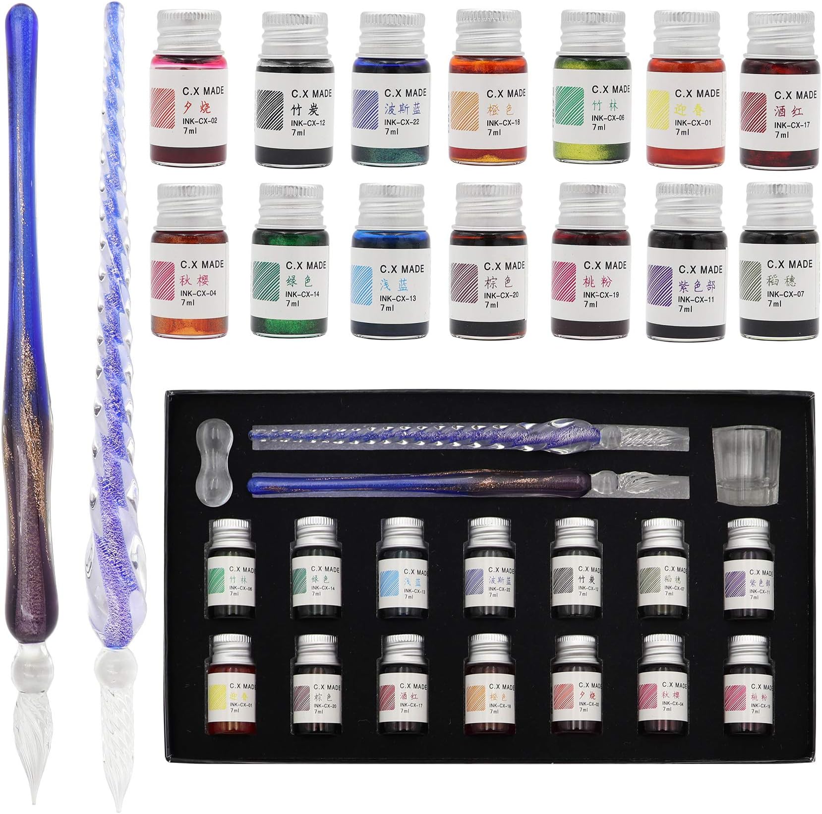 AXEARTE Glass Dip Calligraphy Pen Set, 18-Pieces 14 Color Inks, Pen Holder, Cleaning Cup, 2 Crystal Glass Pens for Art, Writing, Drawing, Signatures, Gift for Kids and Artist