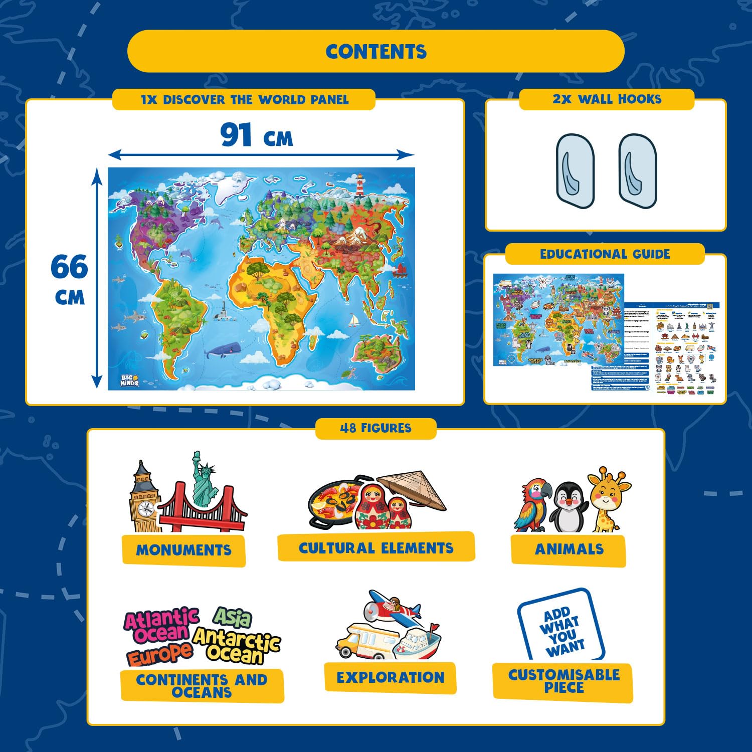 Big Minds - Découvrez Le Monde | Jeux Educatif 4 Ans Panneau En Feutre | Jouet Montessori Avec 48 Pièces | Carte Du Monde Enfant Figurines Interactives | Cadeau Enfant 4 Ans.