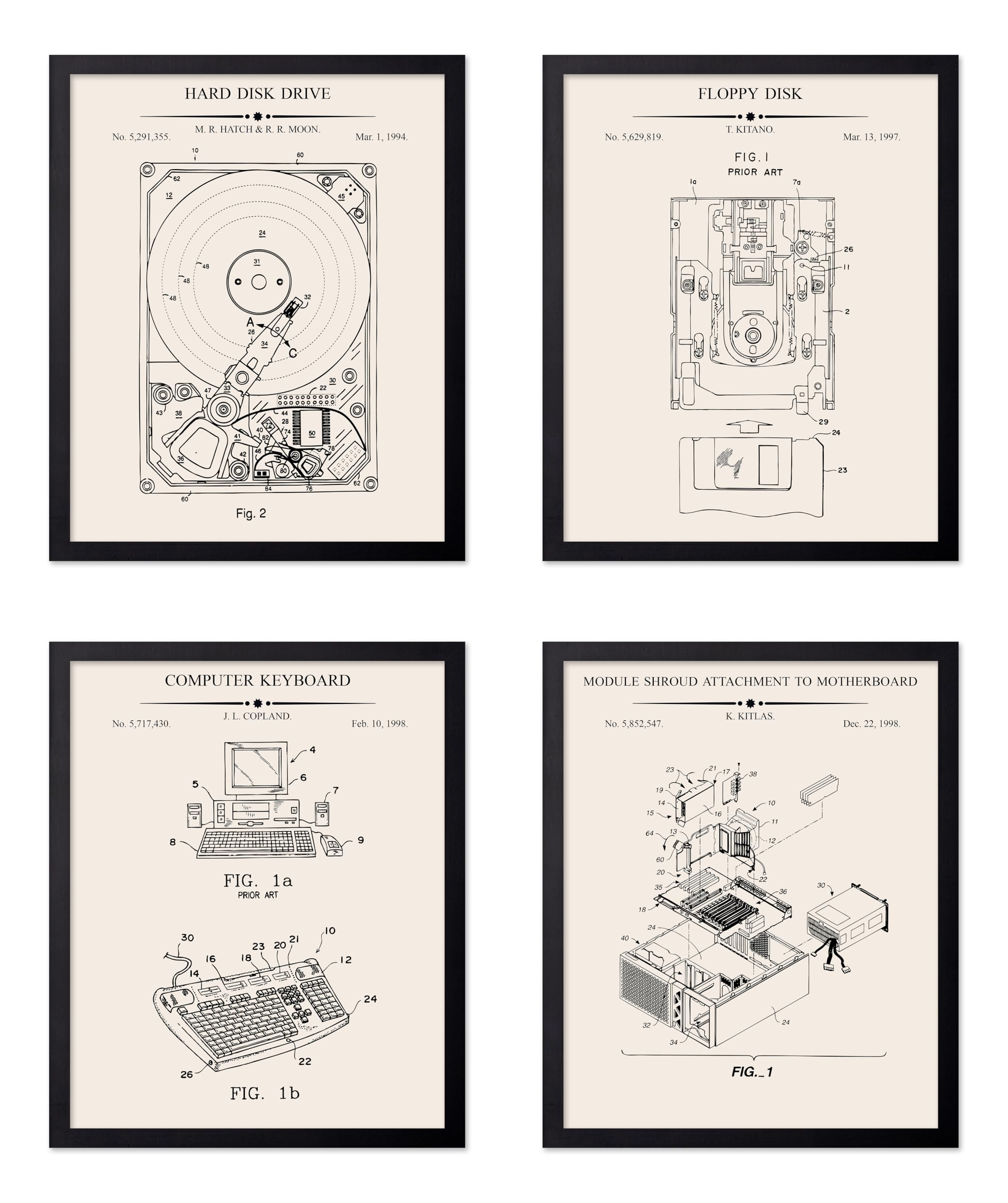 Monem Art 4-Piece Computer Blueprint Poster - Hard Disk Drive Patent Print - Floppy Disk Art - Electronics Artwork - Black & White Artwork - Great