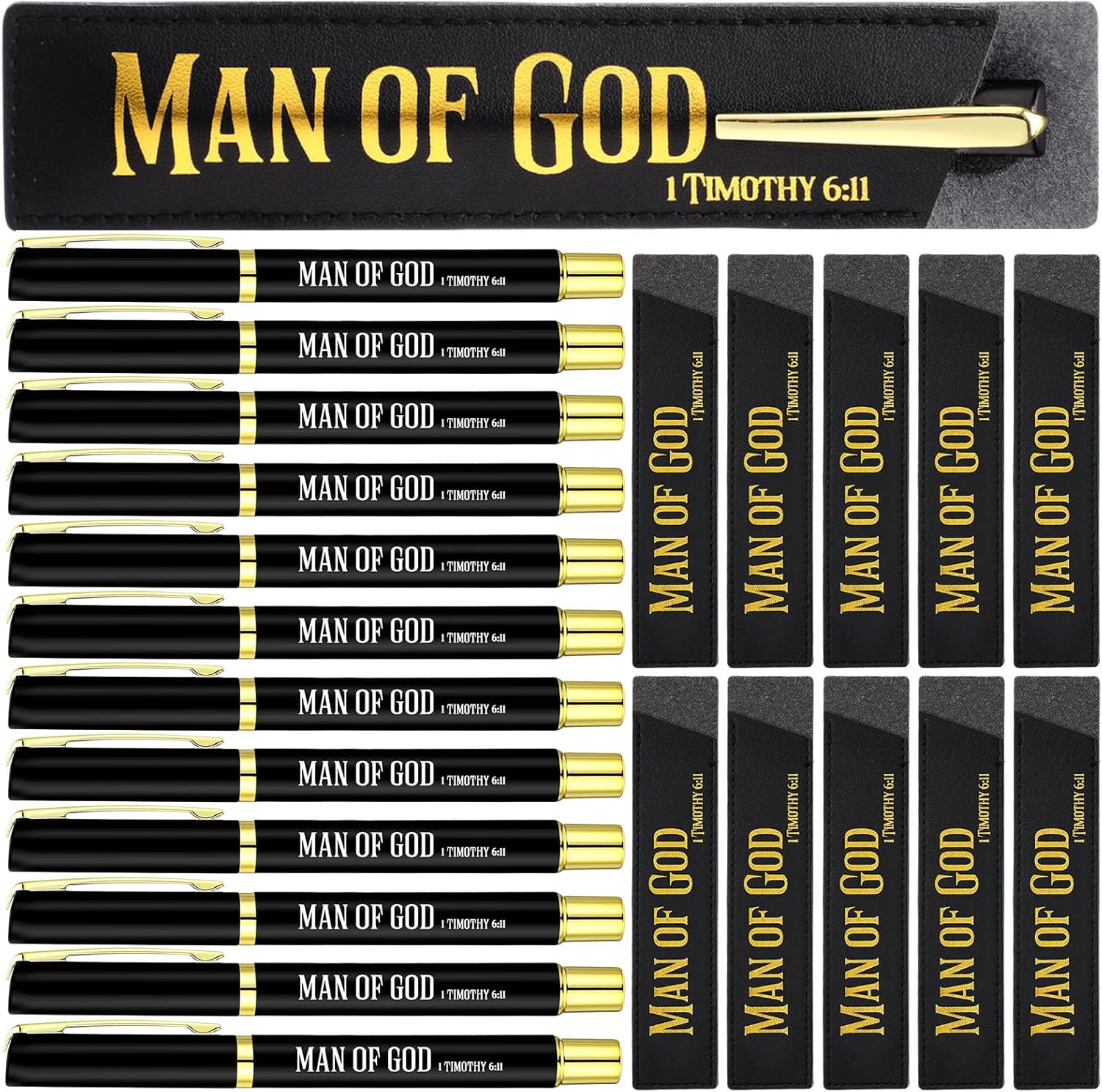 Spakon 10 Sets Christmas Christian Gifts Bulk Man of God Pen for Men Bible Verse Pens with Leather Pen Holder Sleeve Faith Based Gifts Baptism Church Party Favor for Dad Pastor