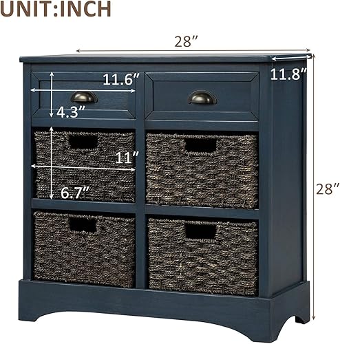 Miniatura 2 de P PURLOVE Armario de almacenamiento de estilo retro con 2 cajones de madera y 4 cestas de mimbre para el hogar, cocina, entrada, sala de estar (azul