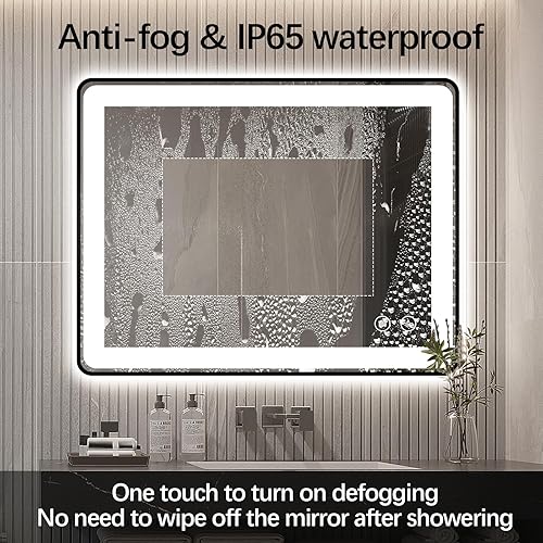 Miniatura 3 de Niccy Espejo LED de baño, 30 x 22 pulgadas, rectangular, para montar en la pared, con marco de metal, espejo inteligente antiempañamiento regulable