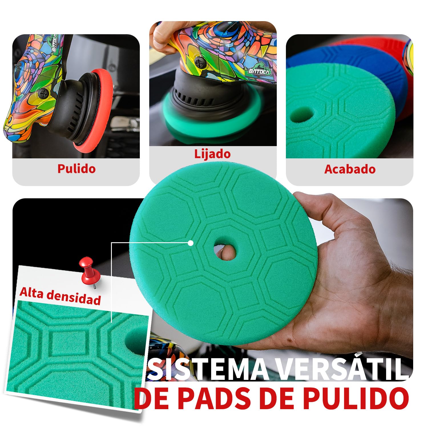 BATOCA P1 Pulidora Coche Excéntrica 1000W - Doble Acción DA 125mm, Órbita 15mm, 6 Velocidades 2500-5500 RPM, Cable 5m para Pulido, Encerado y Eliminación de Arañazos en Coche y Moto