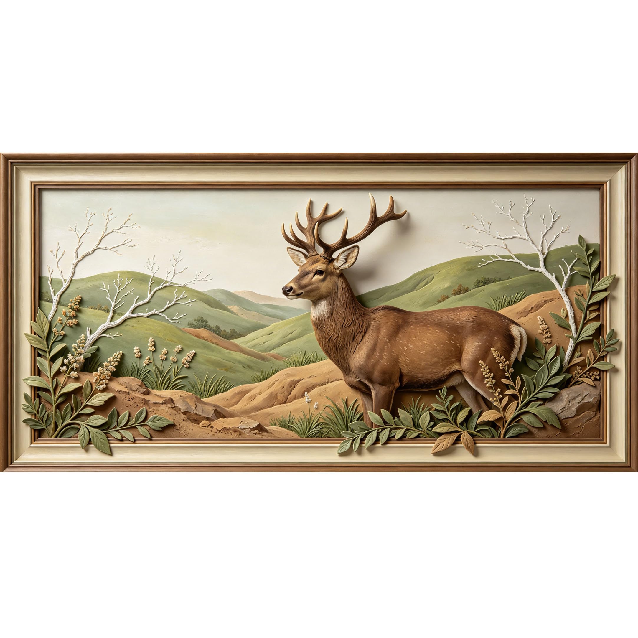 Agglomerix 3D Framed Wall Art Deer Landscape Botanical Relief Textured Large Size SelfAdhesive Removable Wall Decor Prints Artwork for Living Room Bedroom Office