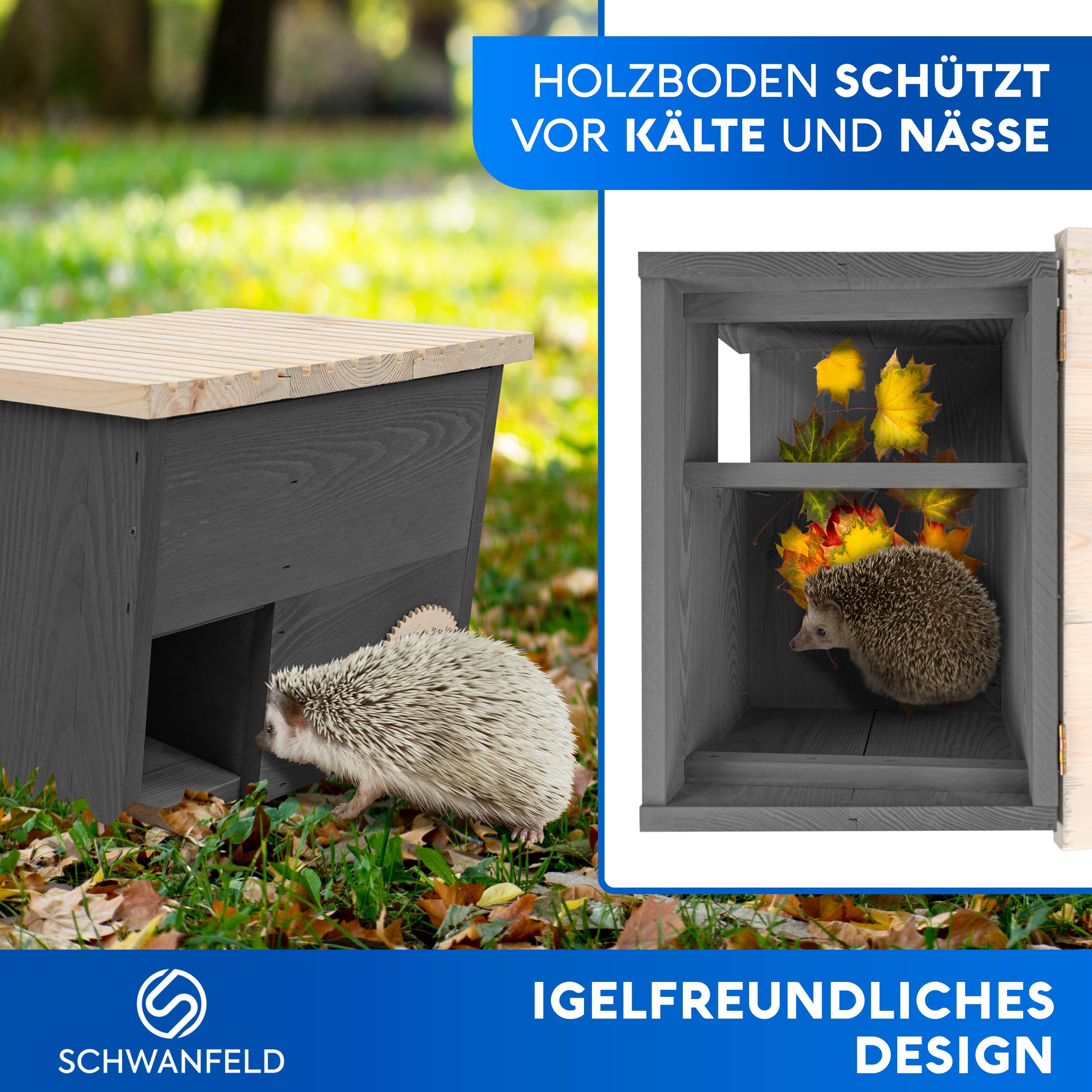 SCHWANFELD Igelhaus Winterfest mit Boden Labyrintheingang Premium Igelfutterhaus Igel Haus Schlafhaus