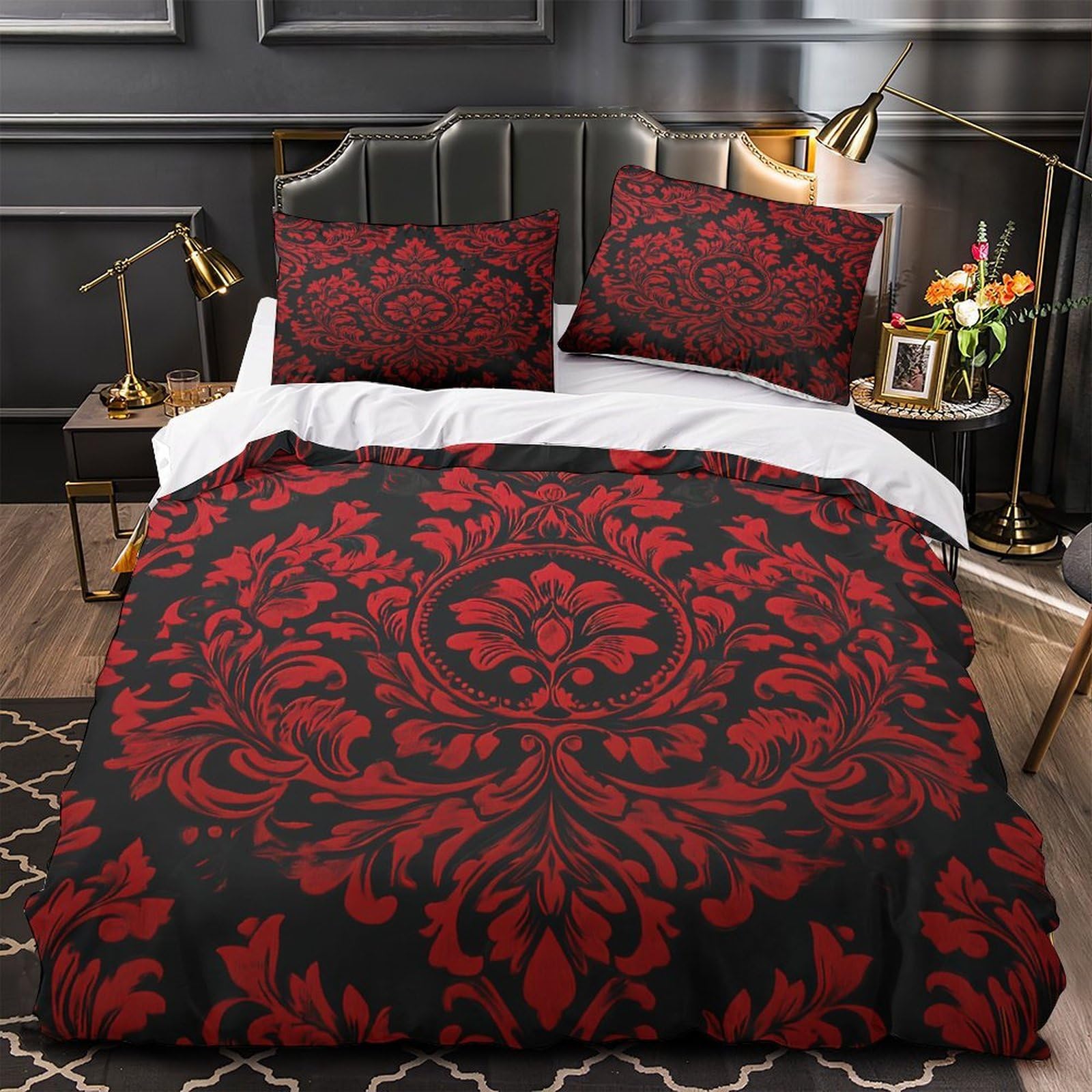 Housse de couette 3D motif rouge orné 140x200 cm avec taies