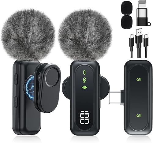 Mini micrófono inalámbrico para iPhone – Mini micrófono de clip magnético con pantalla de batería 100%, reducción de ruido, Plug & Play, compatible