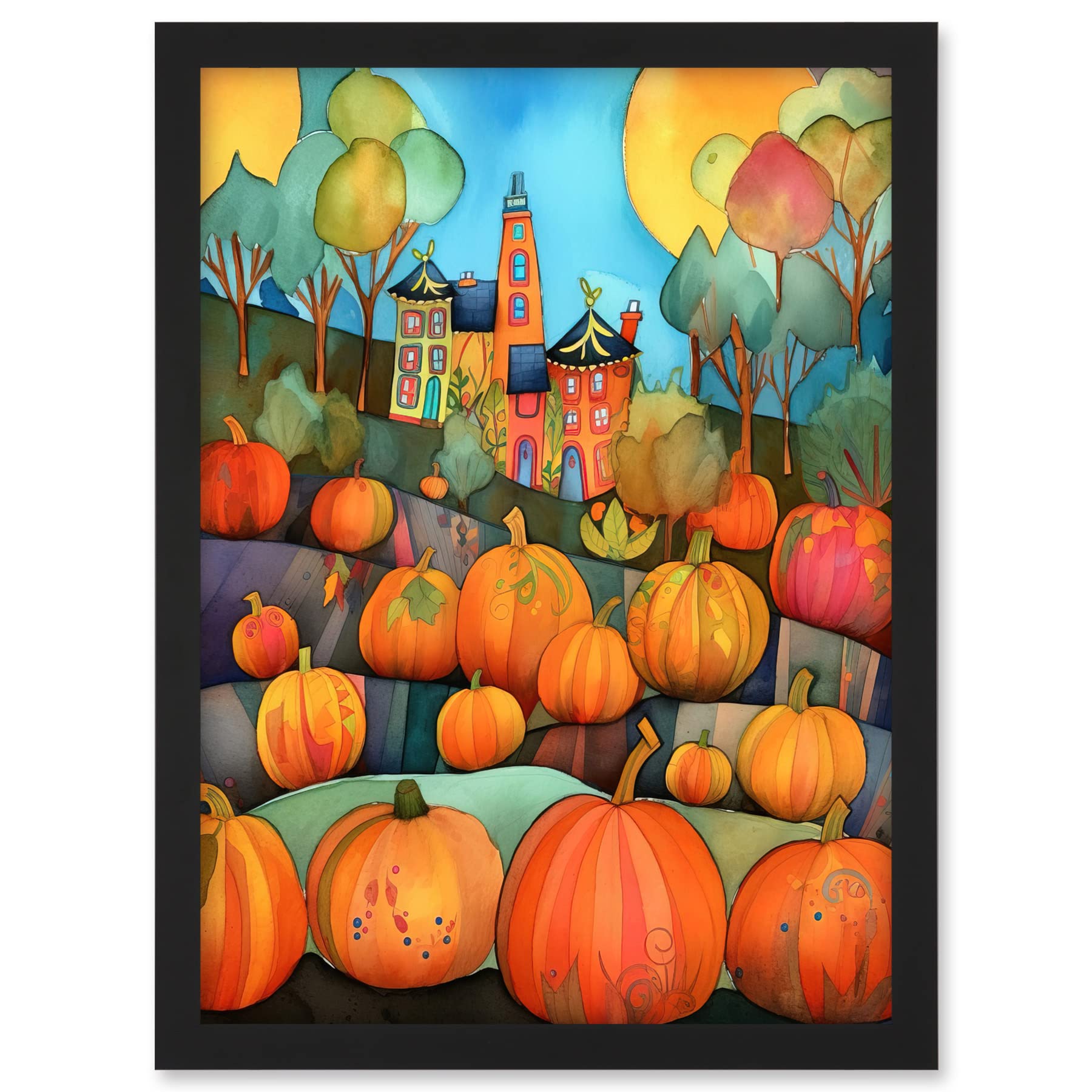Artery8 Farm House Halloween Pumpkin Patch Modern Folk Art Watercolour Painting Artwork Framed A3 Wall Art Print