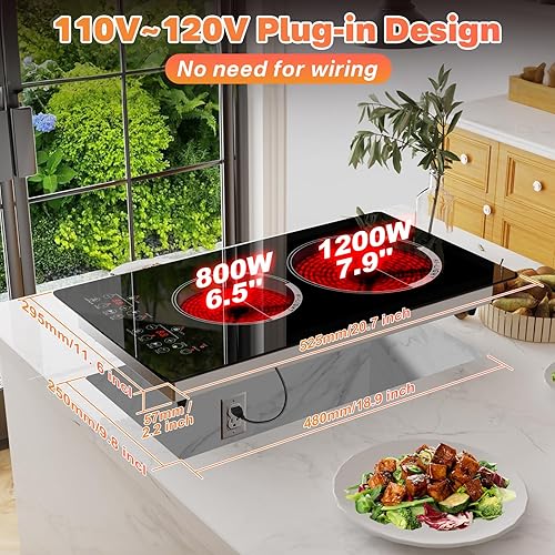 Miniatura 2 de Estufa eléctrica de 2 quemadores con enchufe de 110 V, encimera o placa caliente de cerámica incorporada, quemador doble, con temporizador, pausa,