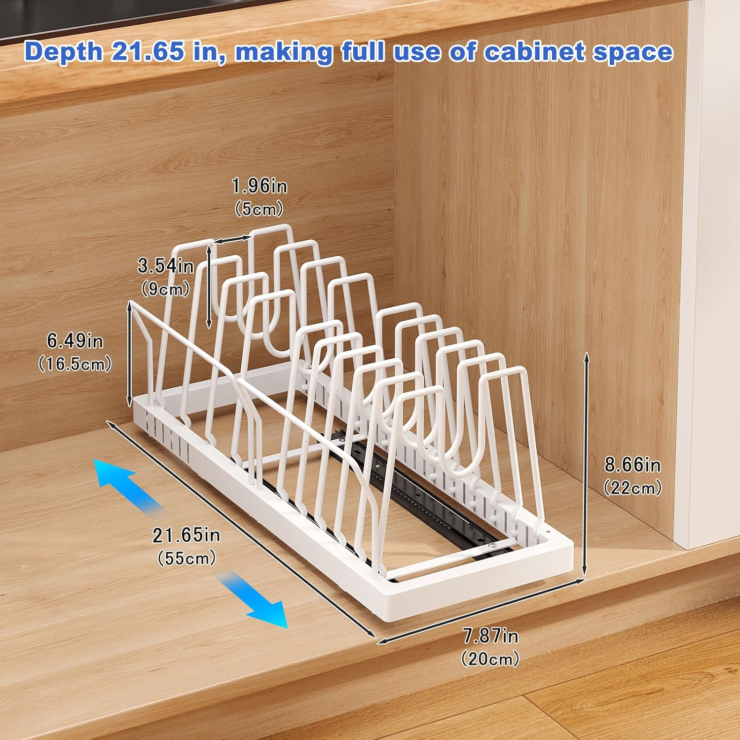 Pots and Pans Organizer Under Cabinet, 21.6" Deep Pull Out Pot Lid Organizer Holder with Guardrail Adhesive Pot and Pan Holder Rack with 10 Adjustable Dividers-1 Pack(White)