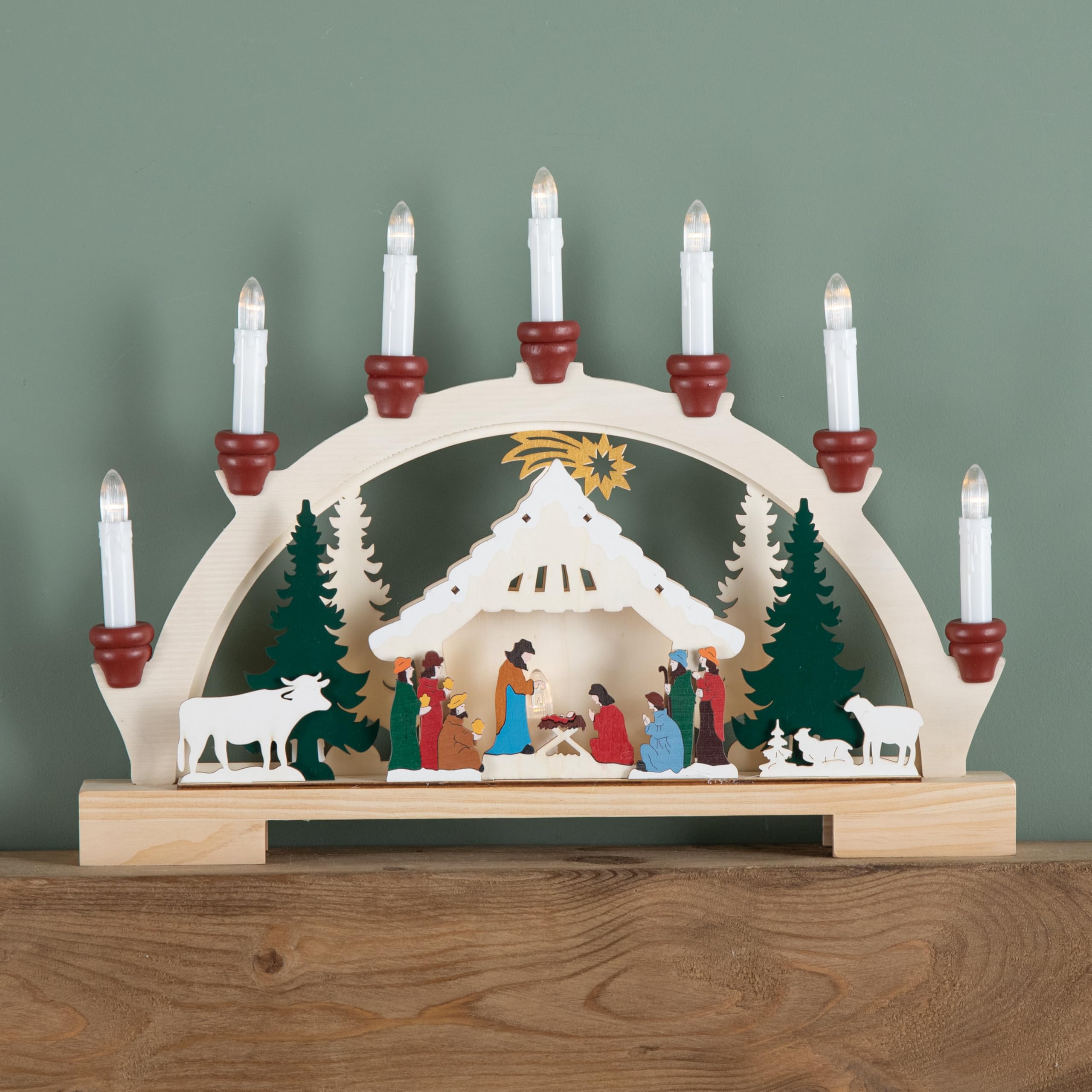 Samuel ALEXANDER 33cm Battery Operated Wooden Christmas Candle Bridge with Nativity Scene and LEDs