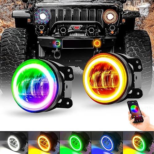 RGB Halo Fog Light Kit 4 Inch Halo RGB Fog Lights for JK,JK LED Fog Light with Halo Ring APP Control Compatible with 2007-2017 Wrangler Unlimited JK JKU TJ LJ