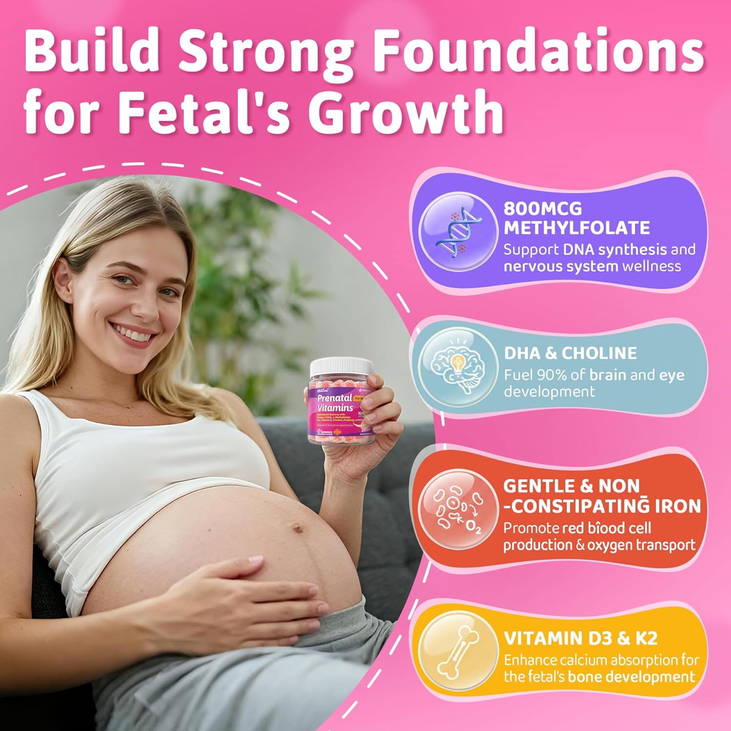 Prenatal Vitamin for Womem, 37-In-1 Multivitamin Gummies w/Omega-3 DHA, Methylfolate, Choline, Iron, Vitamin B12 B6 D3 C, Postnatal Vitamins Support Mom & Baby | Before, During & After Pregnancy, 60Ct