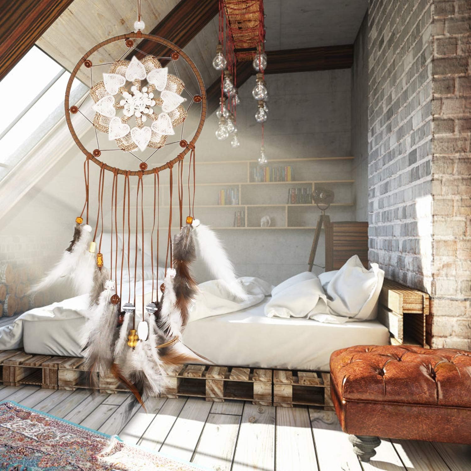 SIKEMAY Weave Flower Dream Catcher - Handmade Exquisite Feather Beaded Large Dream Catchers for Kids/Cars/Bedroom - Indians Traditional Art Wall Hanging Home Decoration