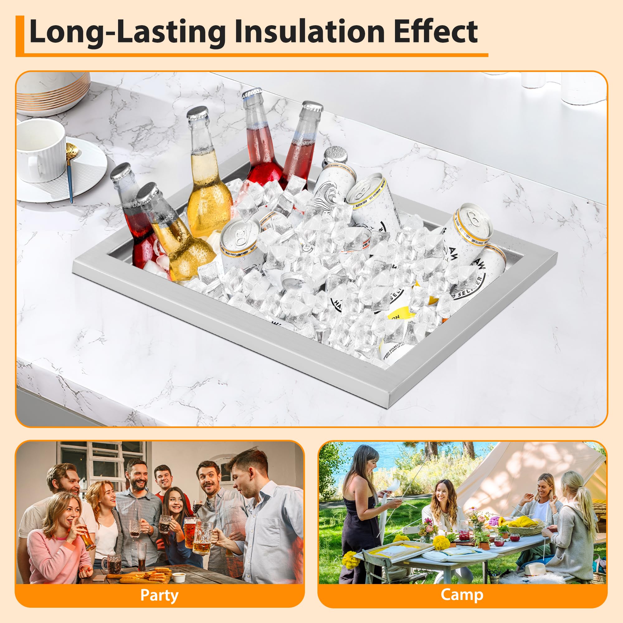 Edelstahl Einbau-Eisbox 51 × 33 × 31 für Outdoor-Küche & Party, Ablaufrohr & Stöpsel, Ideal zur Kühlung von Eis, Getränken, Wein & Bier, Tragbarer Deckel, Silber