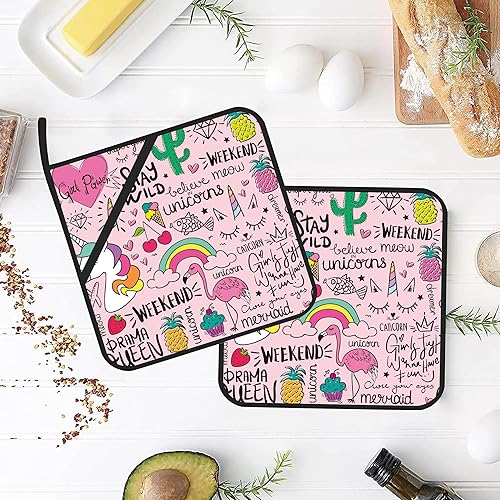 Miniatura 4 de Juego de 2 soportes para ollas de unicornio de flamenco rosa, resistentes al calor y antideslizantes, almohadillas calientes para horno de dibujo,