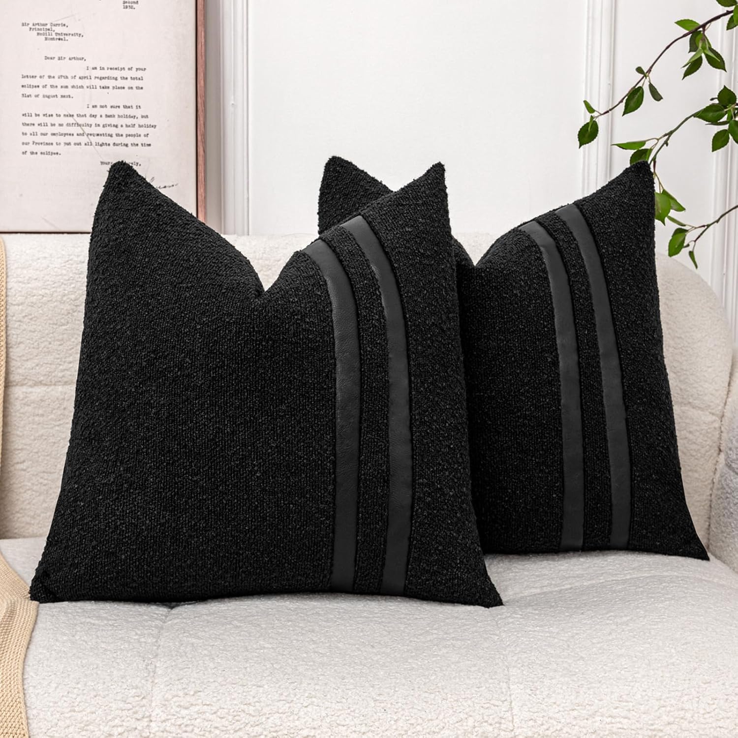 20x20 Black Pillow Covers Set of 2 Textured Boucle Accent Pillow Cases with Faux Leather Striped Square Cushion Cover for Bed Couch Sofa Living Room Home Decor