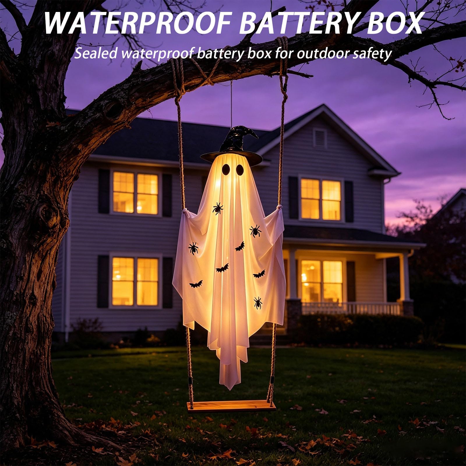 150cm Swinging Ghost, Halloween Deko Hängend Geist Auf Schaukel, Schaukelnder Geist, Gespenst auf Schaukel für Garten, Hof, Terrasse, Veranda & Partys Deko (C-150cm)