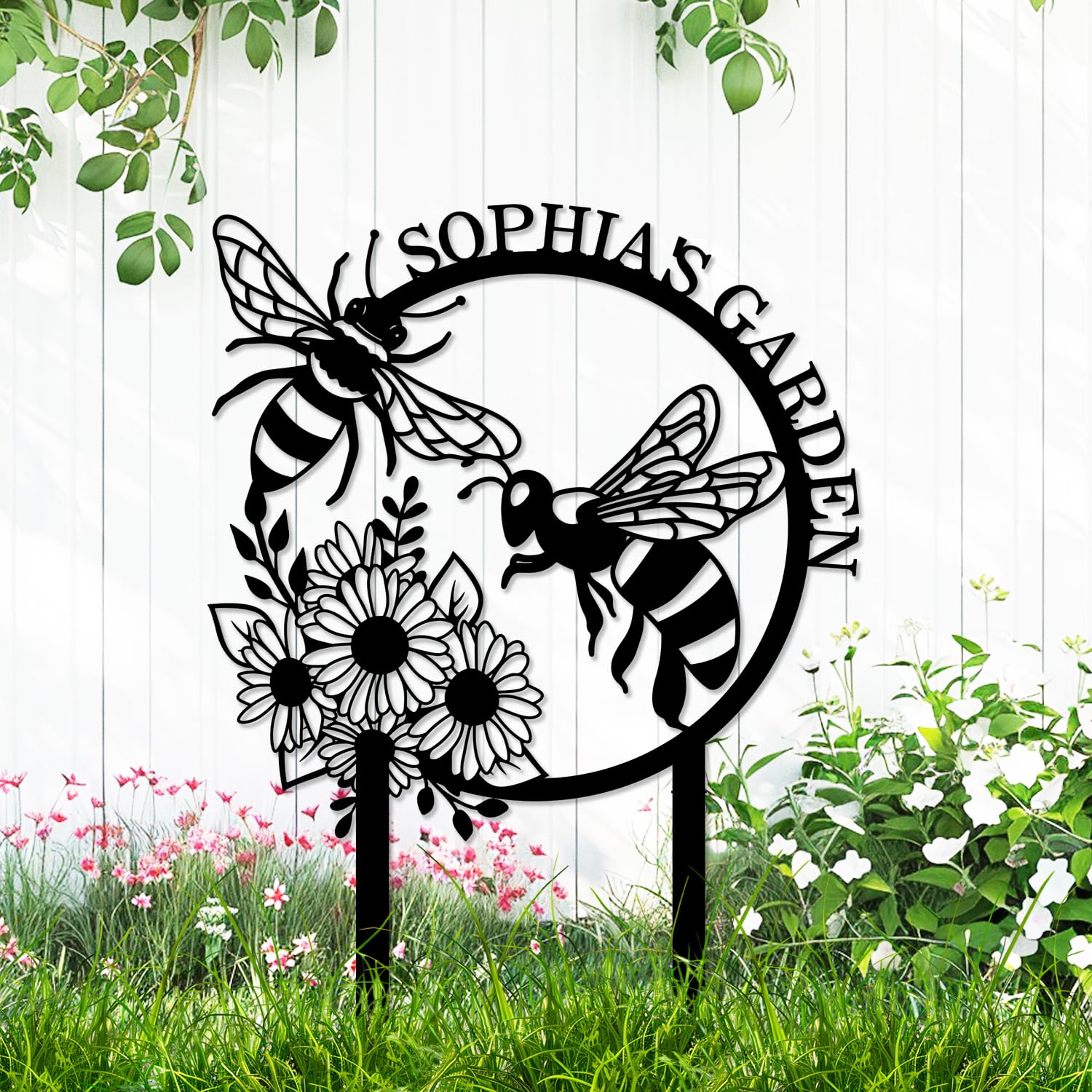 Adthyuxq Bee Custom Metal Flowers Garden Stake Sign, Personalized Flower Garden Sign With Stakes, Customized Honey Outdoor Lawn Yard Decor Sign