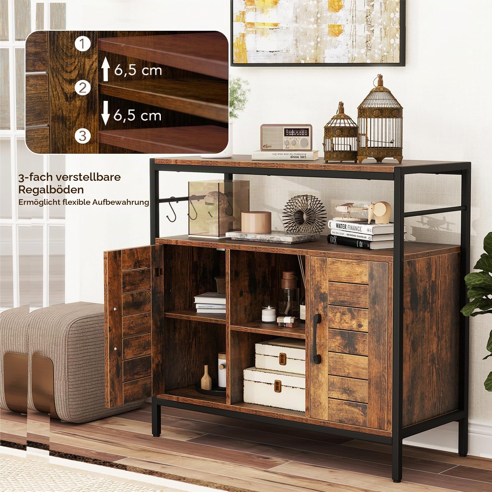KOMFOTTEU Küchenbuffet Industriestil, Küchenschrank aus Holz & Metall, Aufbewahrungsschrank mit 2 Türen, offene Fäche & verstellbare Regale, Sideboard für Küche Flur Esszimmer
