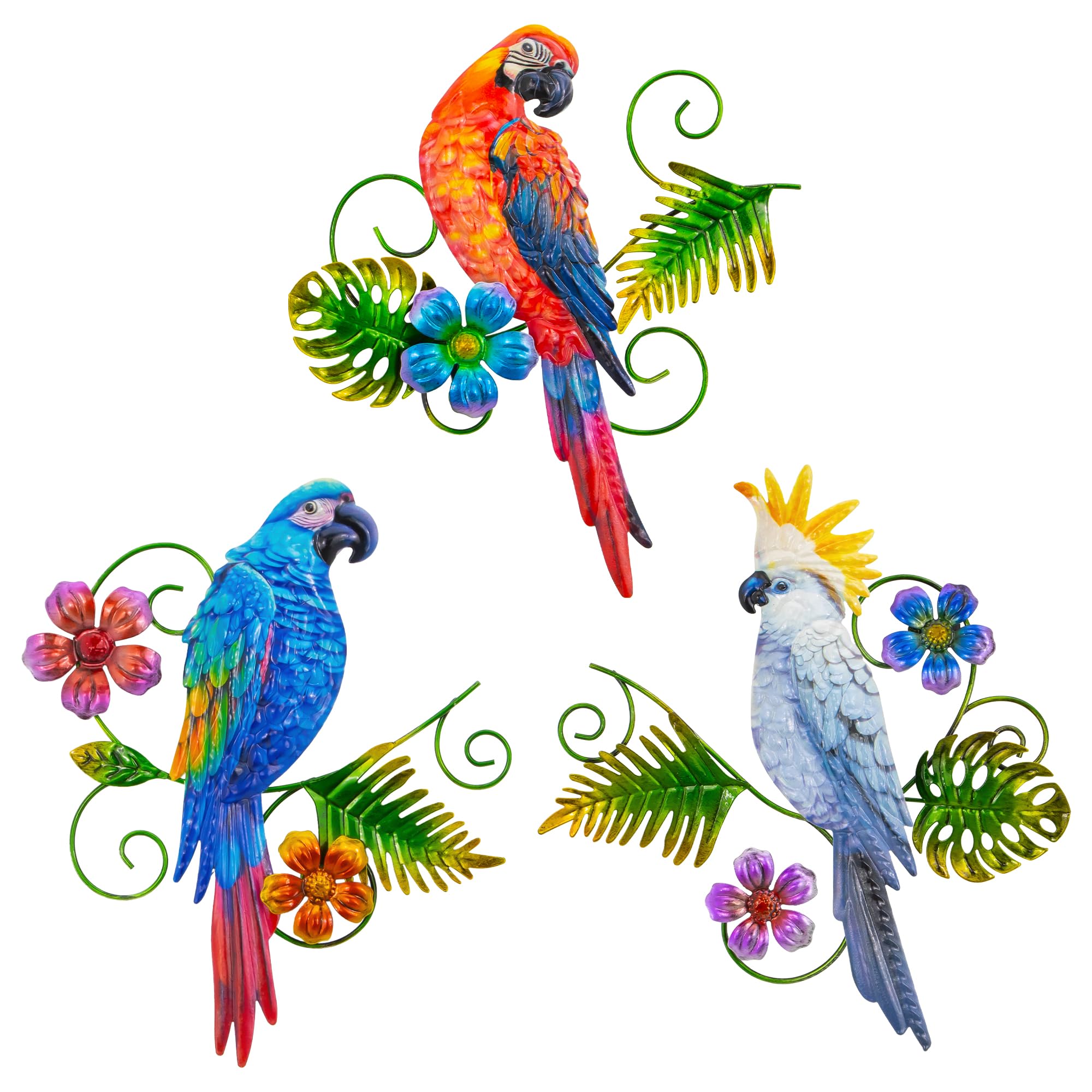 J-Fly Metal Parrots Wall Decor for Outdoor Yard and Garden - 12 Inches Large Hanging Art - Patio Decorations - 3 Pack — image 1