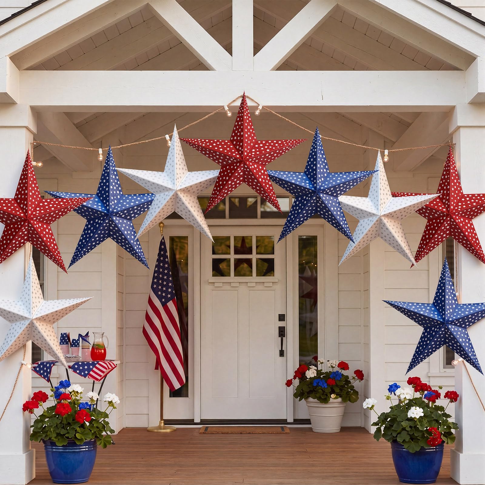 Photo 1 of 10 ft 3D 18'' Large Patriotic Paper Stars Hanging Decoration 4th of July Star Garland Decor Red White Blue Hanging Banner Decoration for 250th Anniversary Independence Day Party Porch