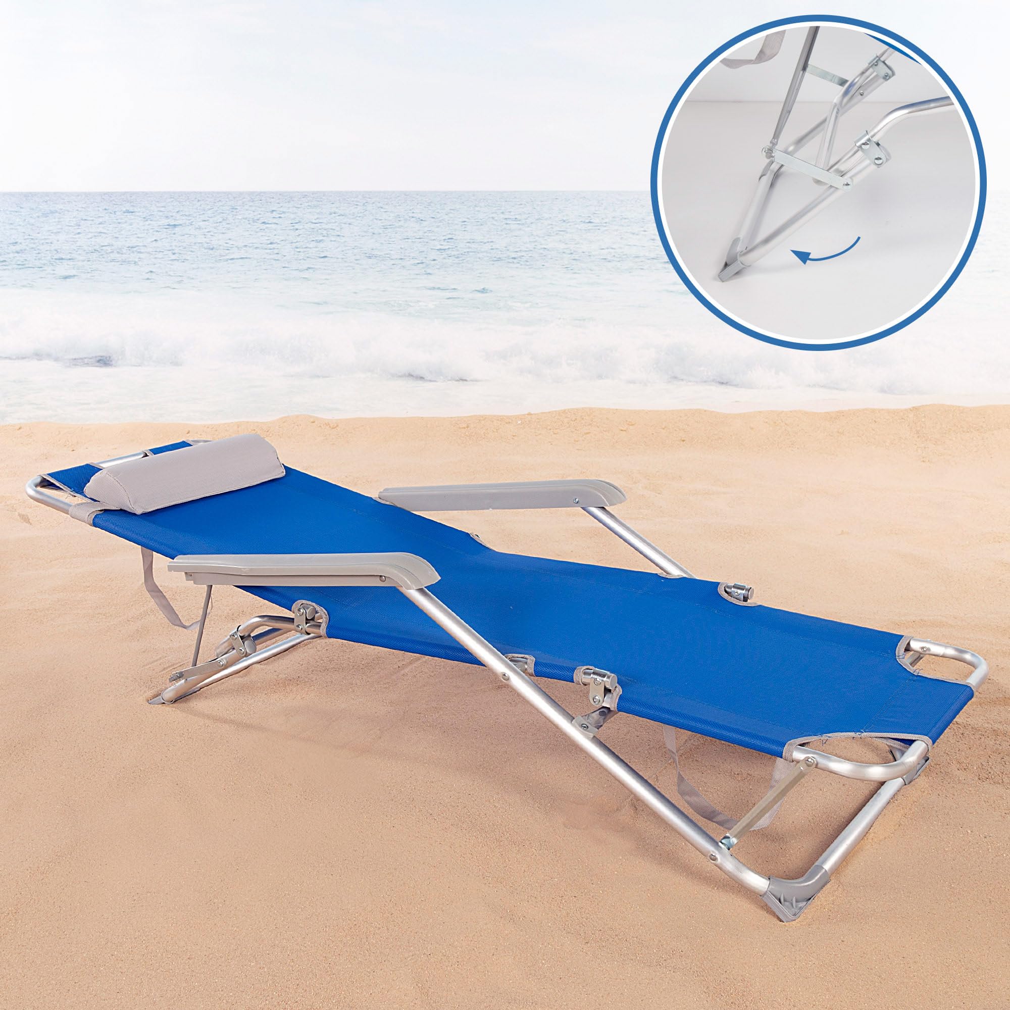 AKTIVE 62300 - Tumbona plegable y reclinable Azul con cojín, 3 posiciones, de aluminio y textileno, Medidas: 47x95x80 cm, Peso máx. soportado 110Kg, Tumbonas plegables para playa, terraza y camping
