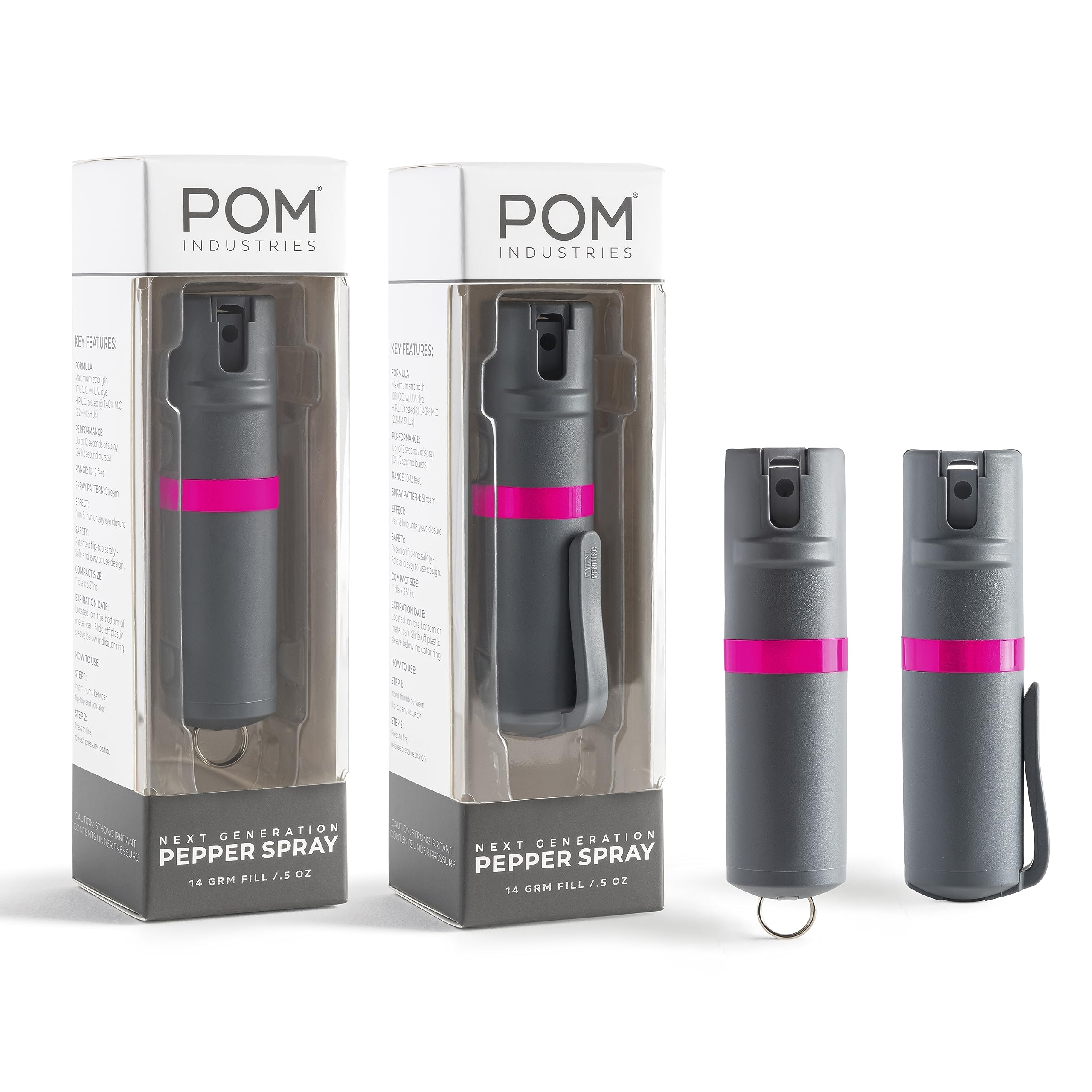 POM Pepper Spray Combo Pack Clip & Keychain - Maximum Strength OC Spray Self Defense- Tactical Compact & Safe Design - 25 Bursts & 10 ft Range - Stream Spray Pattern Grey and Pink