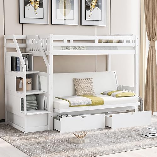 Miniatura 3 de Litera moderna multifunción con 2 cajones y escalera de almacenamiento litera individual sobre matrimonial con barandilla de longitud completa cama