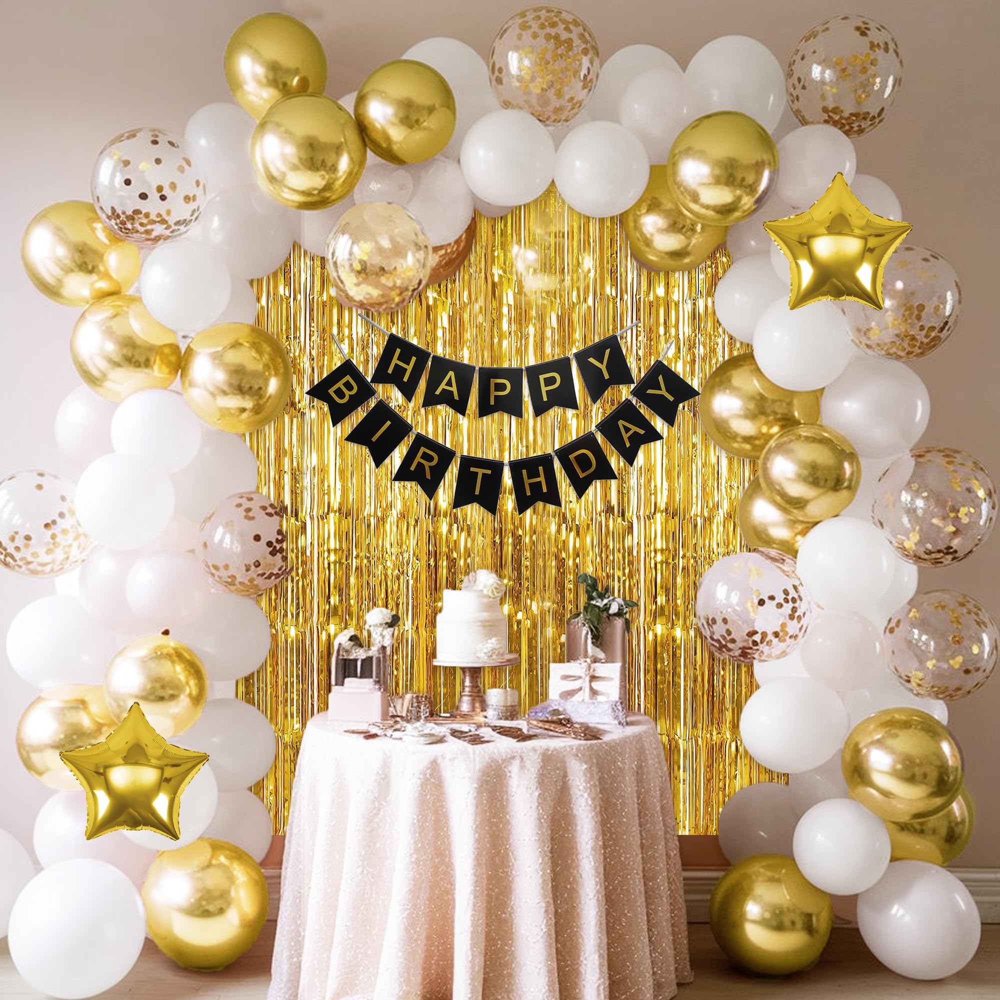 Special You Happy Birthday Decoration Kit with Gold & White Balloons for Decoration- 63 Pcs, Golden Fringe Curtains, Backdrop for Decoration, Decoration Items, Birthday Decor