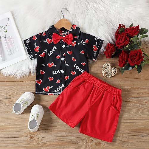 Miniatura 2 de IMEKIS Conjunto de camisa de vestir con corbatín y pantalones cortos para el día de San Valentín para bebés y niños pequeños