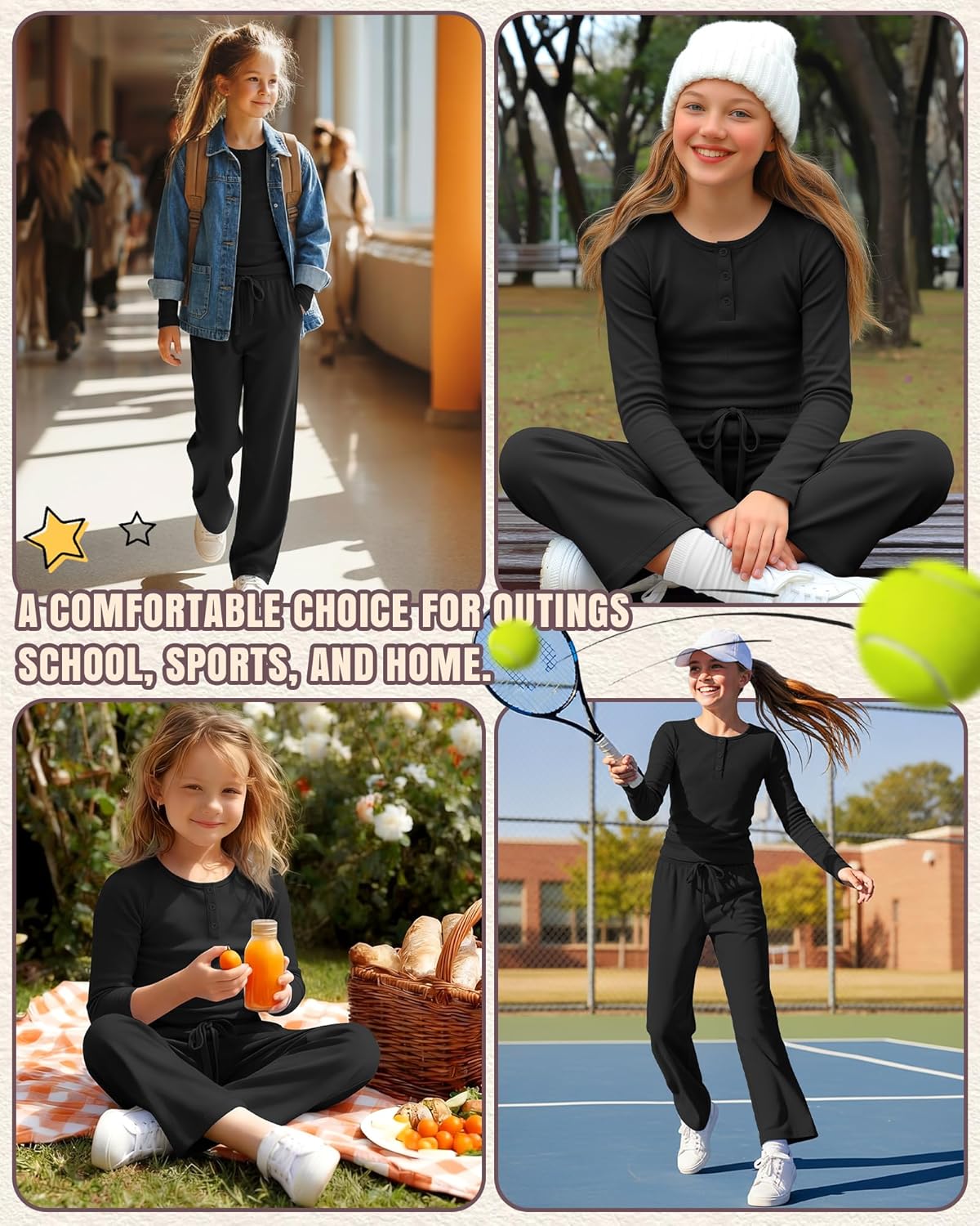 Girls 2 Piece Outfits Lounge Sets Long Sleeve Ruched Knit Henley Neck Fitted Tops Straight Leg Pants with Pockets - Image 4