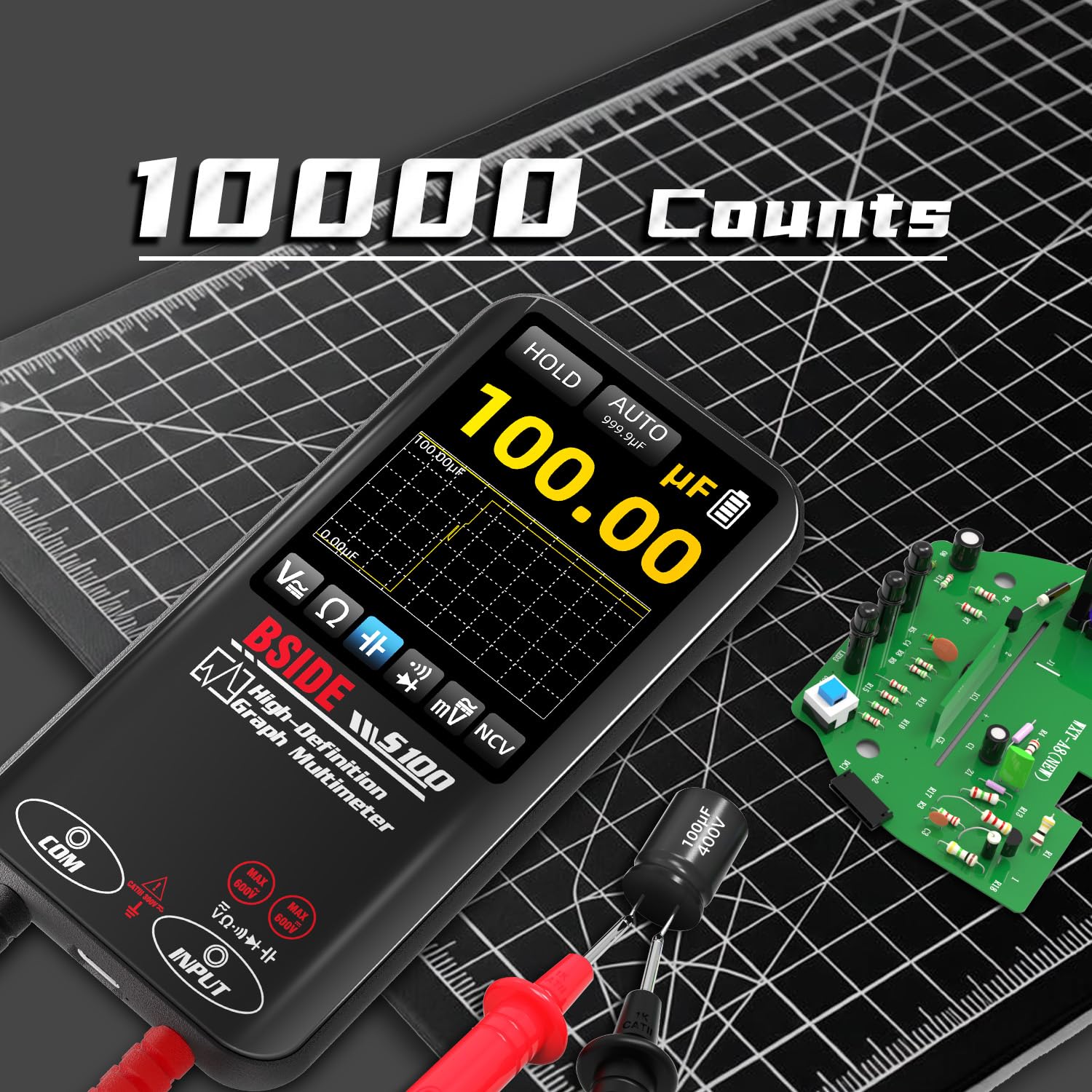 BSIDE S100 Digitales Multimeter 10000 Zählungen TRMS mit Grafikdisplay Taschenmultimeter Wiederaufladbar für Spannung Millivolt Widerstand Durchgang Kapazität Diode NCV Messung